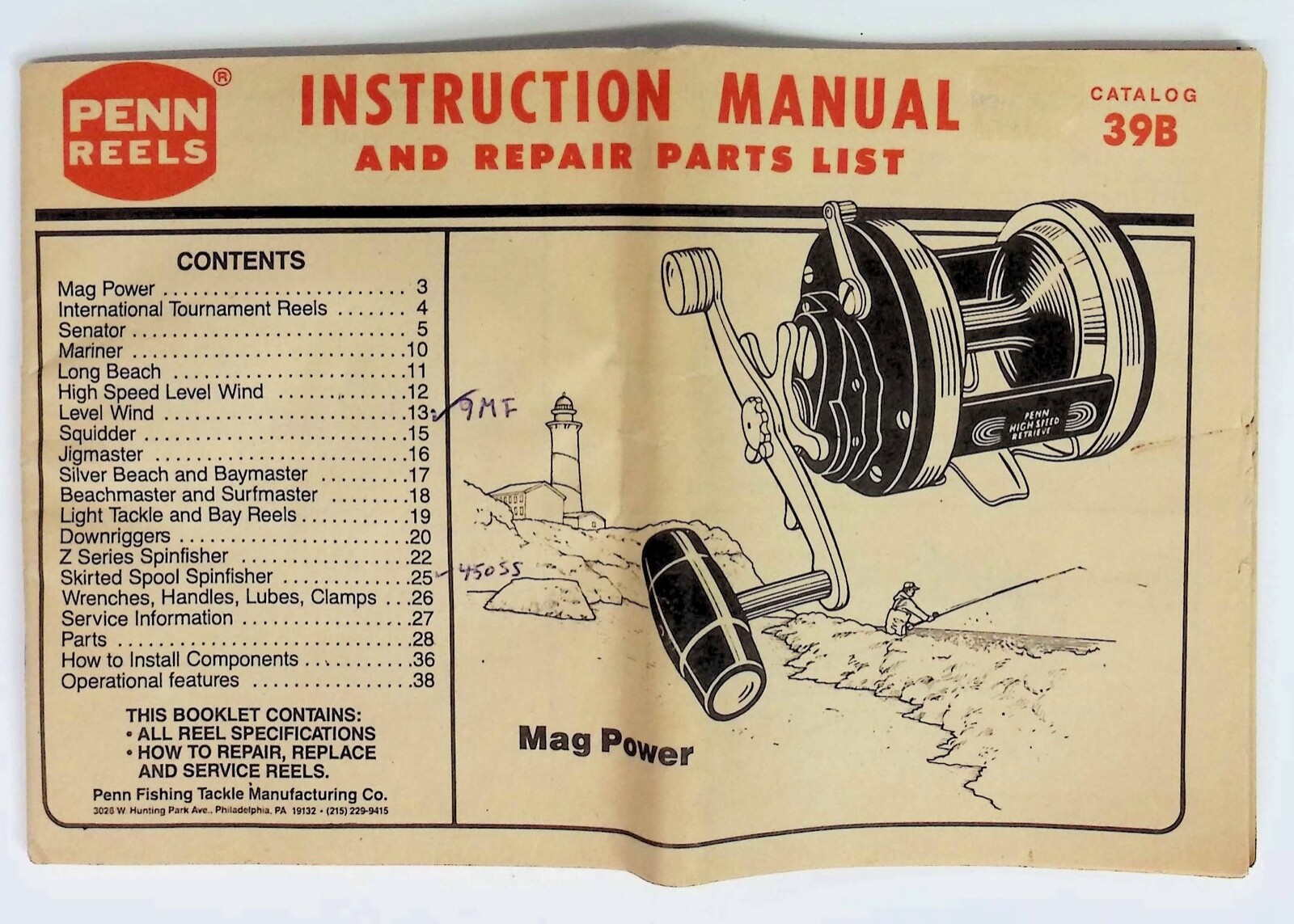 Penn Fishing Reels Instruction Manual And Repair Parts List 39B