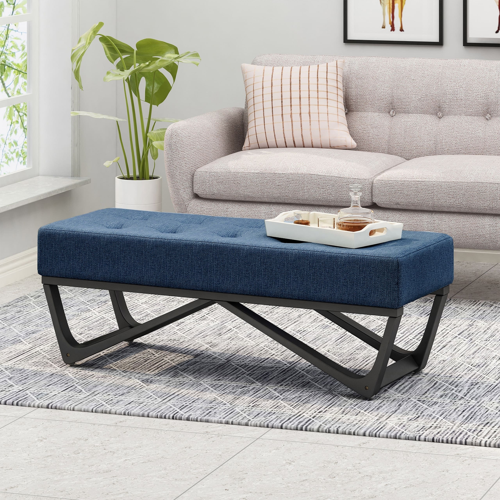 Navy Blue Tufted Ottoman, Versatile Footrest Bench for Living Room & Bedroom