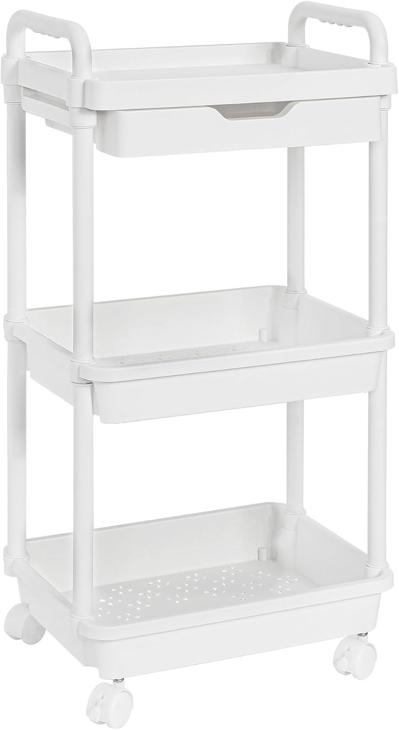 Vtopmart 3-Tier Rolling Utility Cart with Drawer, Plastic Storage Cart, White