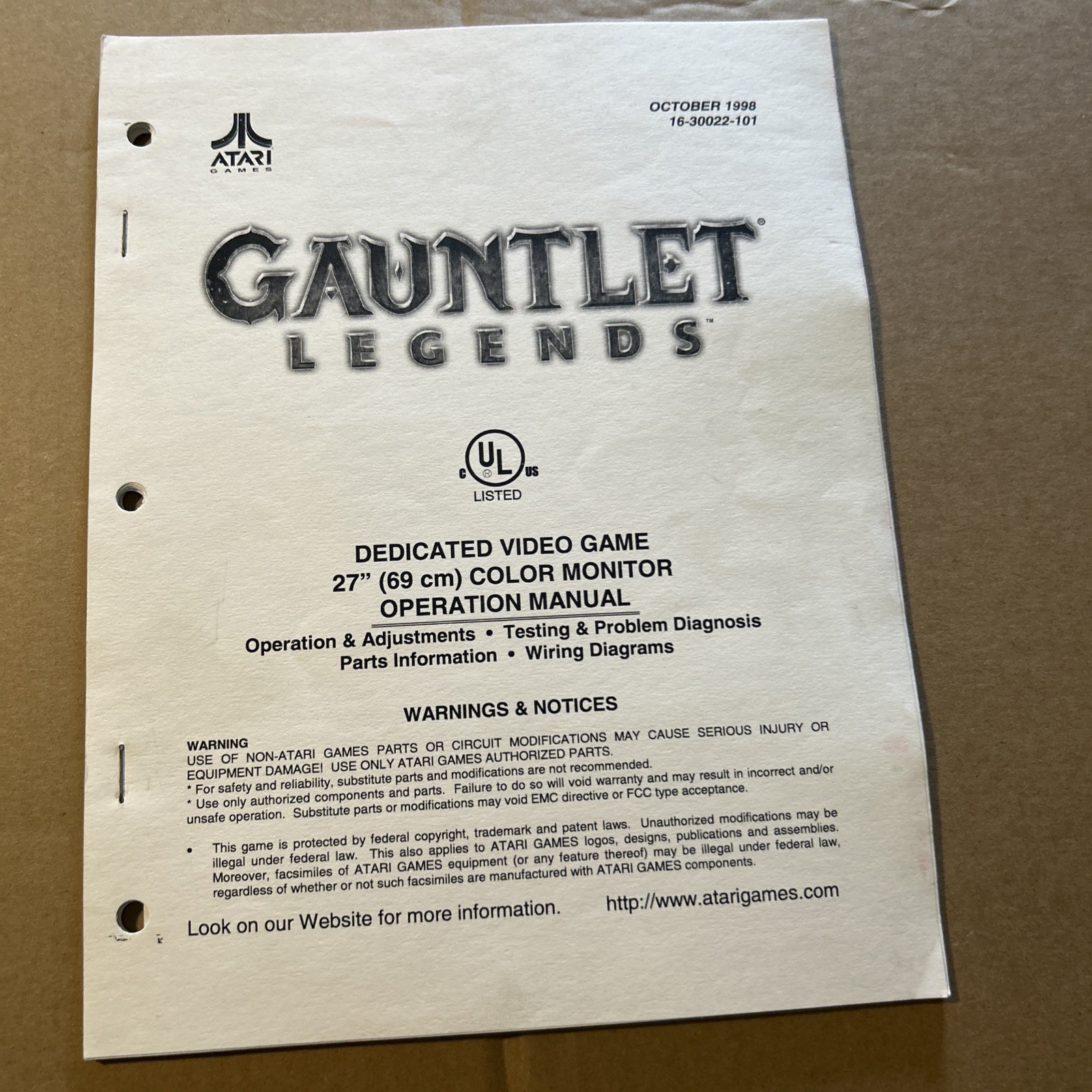orginal Factory Attari  27"Gauntlet Legends Dedicated arcade video game manual