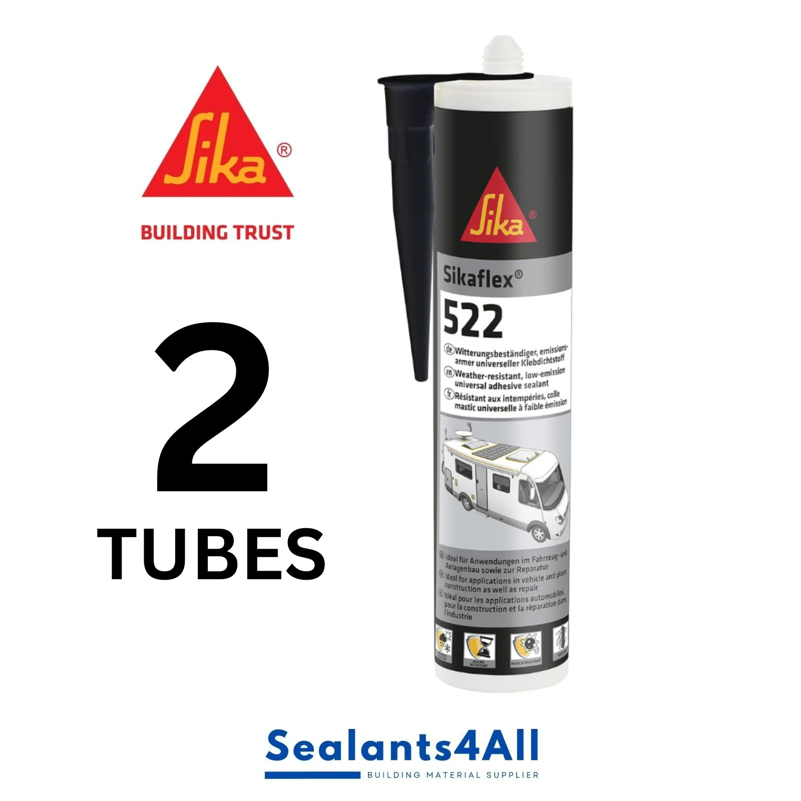 2 x Sikaflex 522 Adhesive Sealant, Black, 1/27 Expiry, Brand New, C124