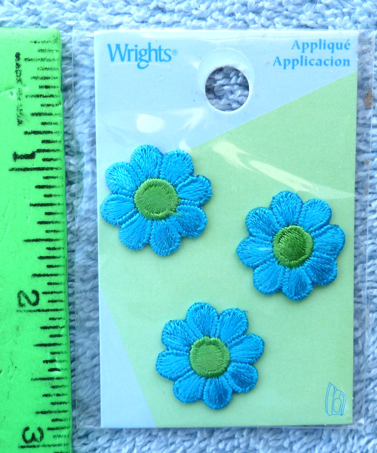 Wrights Iron-On or Sew-On Turquoise Flower Embroidered Appliques 7/8" set of 3