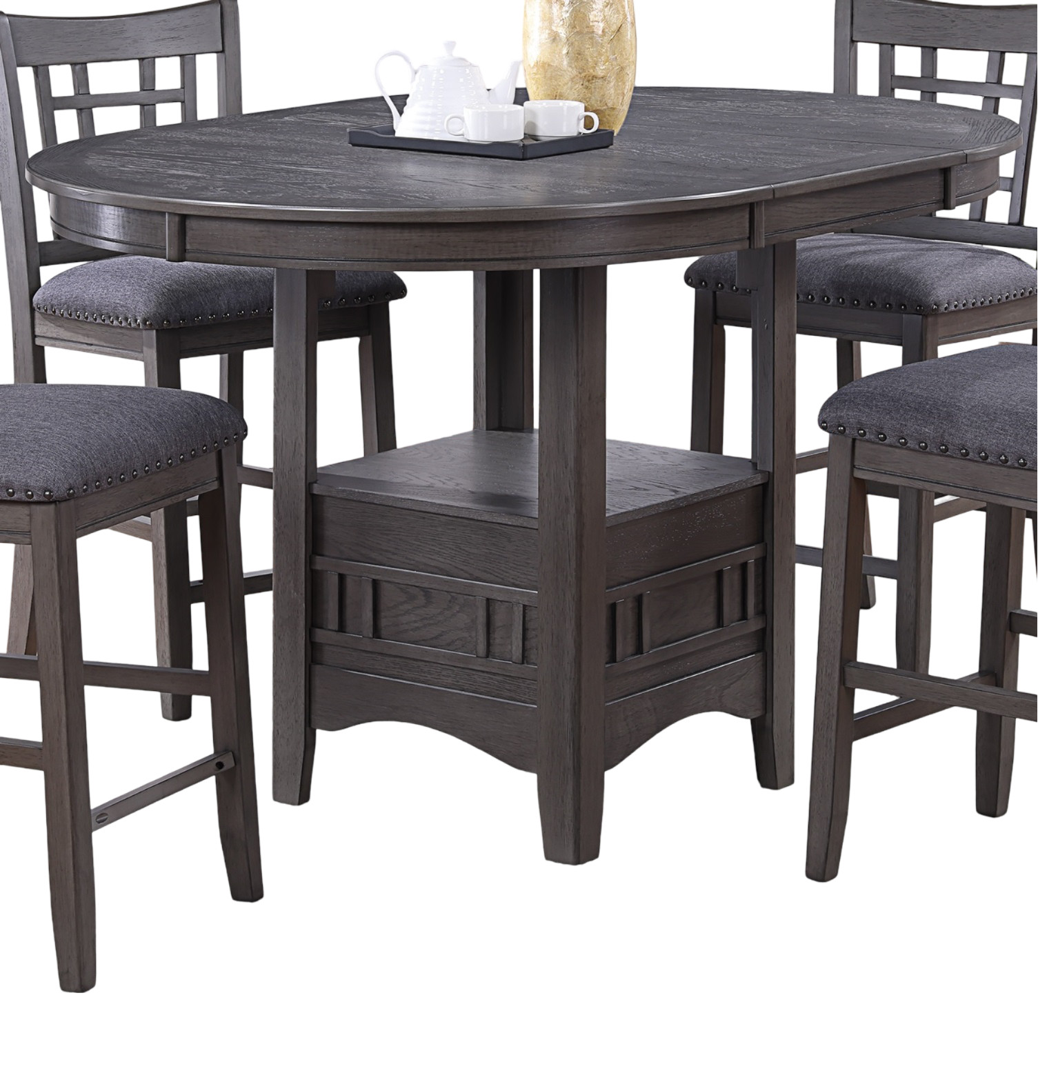 Round countertop height dining table, W-shaped rack, solid wood, grey finish