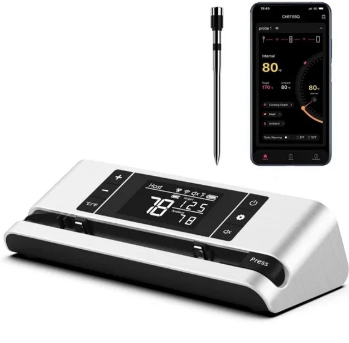DEWJOM WIRELESS SMART MEAT THERMOMETER WITH DUAL-SENSOR PROBE 500FT - SILVER