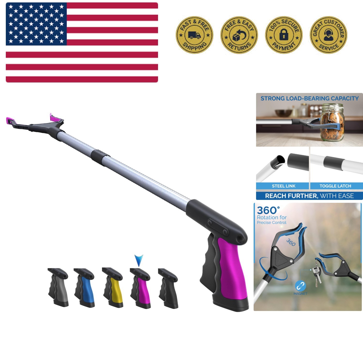 2025 Upgrade PowerGrip T9, Grabber Reacher Tool, Wide Jaw, Foldable, Steel Ca...