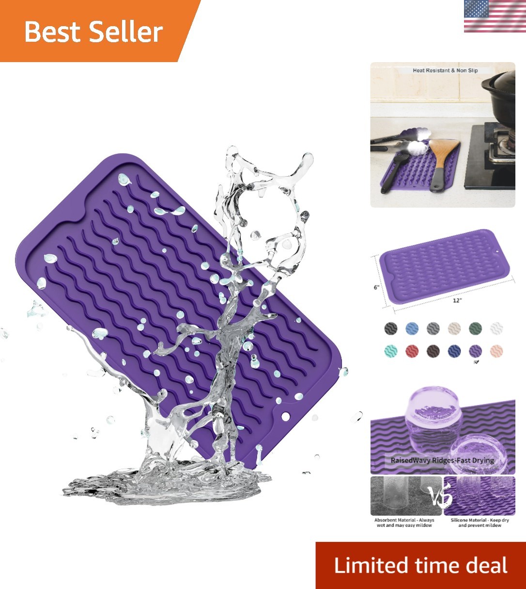 Transform Your Kitchen with a 6" x 12" Meadow Violet Silicone Drying Mat & Caddy