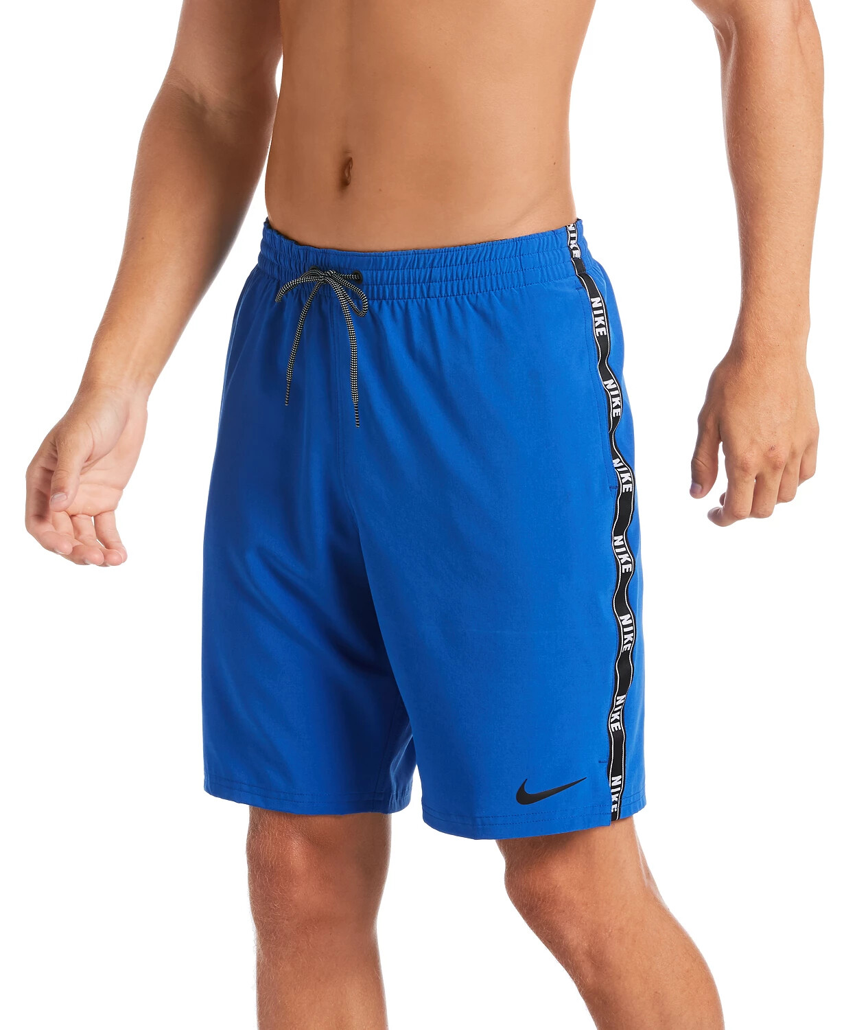 NIKE Men's $56 Swim Logo Tape Racer Volley Shorts 9” Blue Black Trunks Sz S-XXL