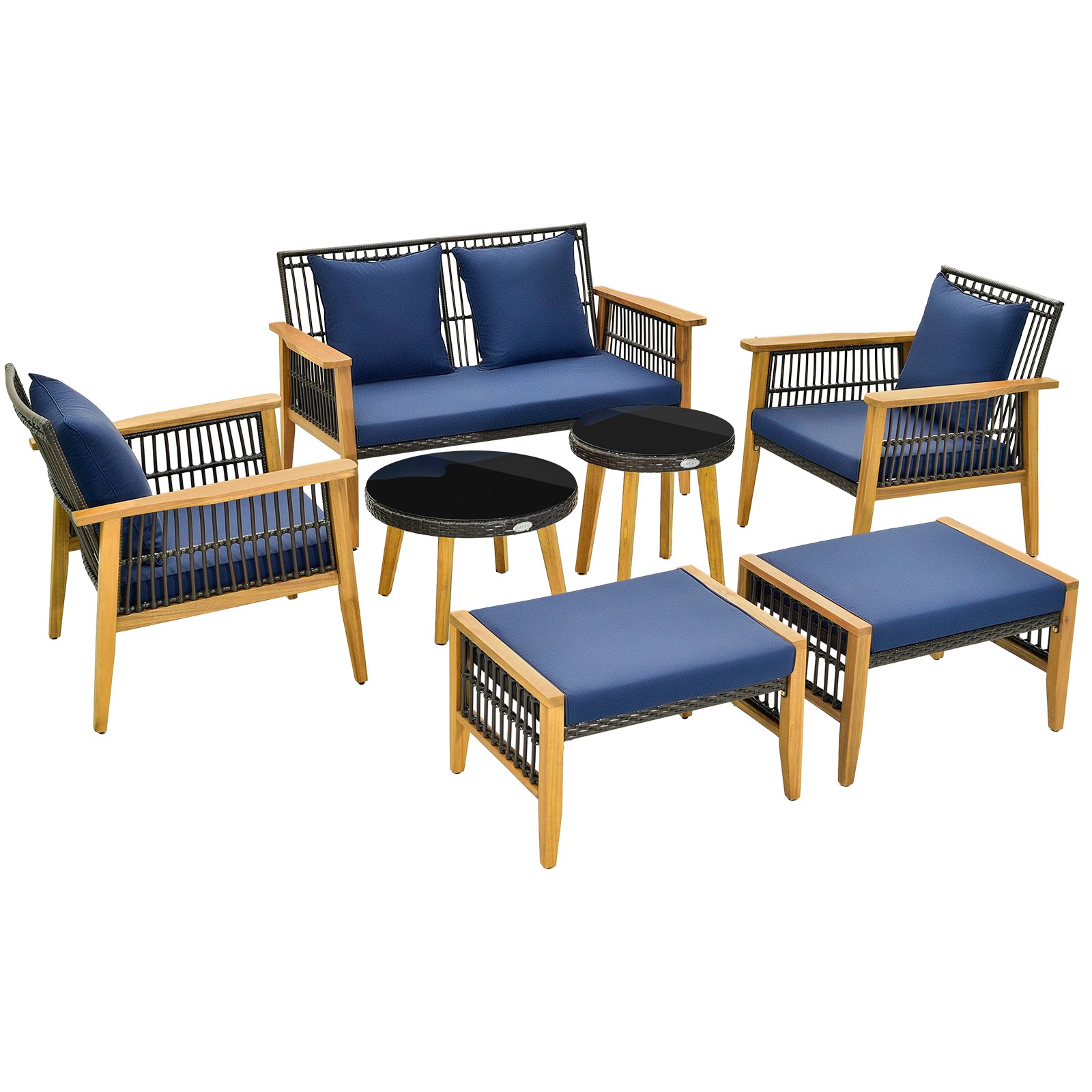 7PCS Conversation Set Rattan Woven Chair Set w/ 2 Coffee Tables & 2 Ottomans