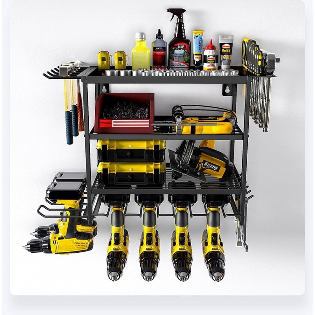 Power Tool Organizer Wall Mount 4-Tier Heavy Duty Metal Storage Rack with Hooks
