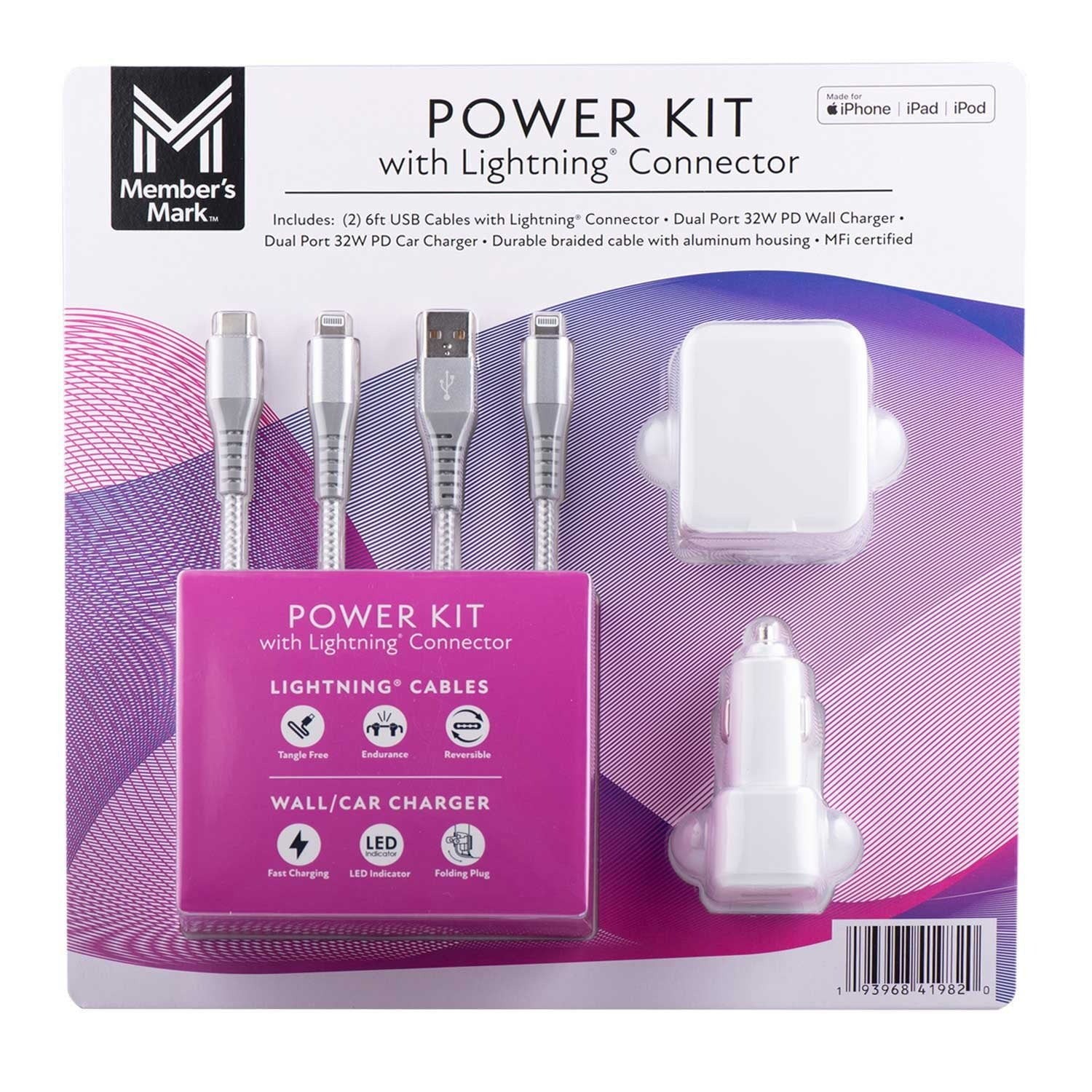 Lightning USB Power Kit: Car & Wall Charger & 2 Lightning Cables