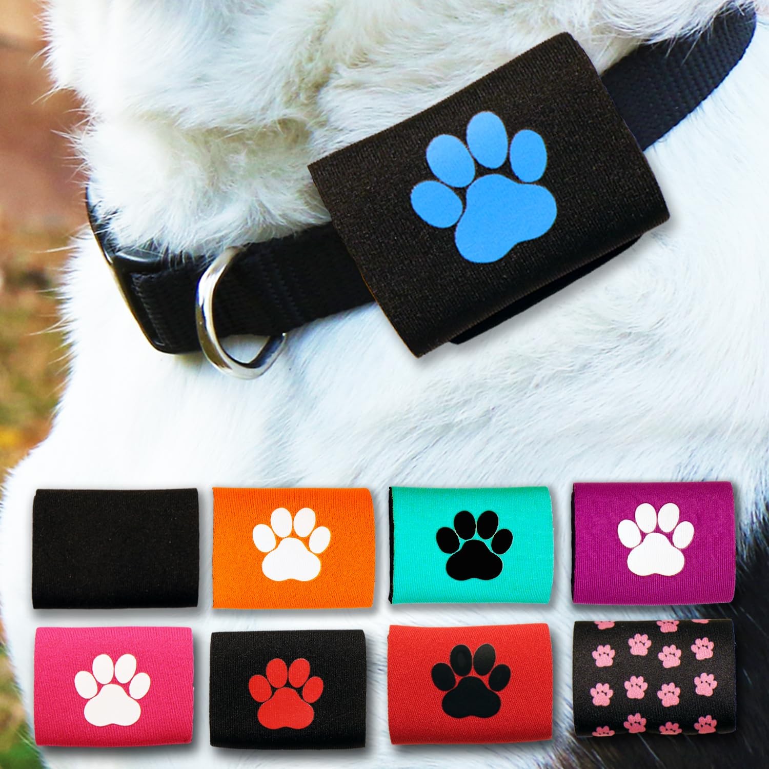 Dapper Dog Pet Tag Silencer and AirTag Holder, Black with Blue Paw Design