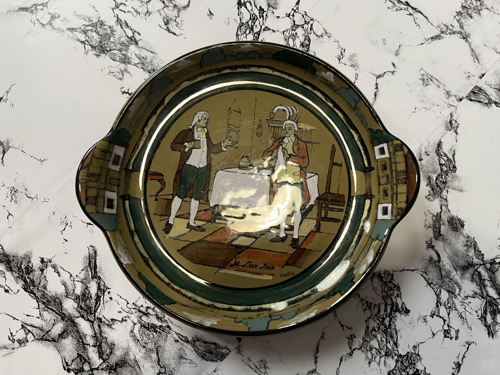 Buffalo Pottery Deldare Ware Ye Lion Inn Series Antique Calling Card Tray Signed