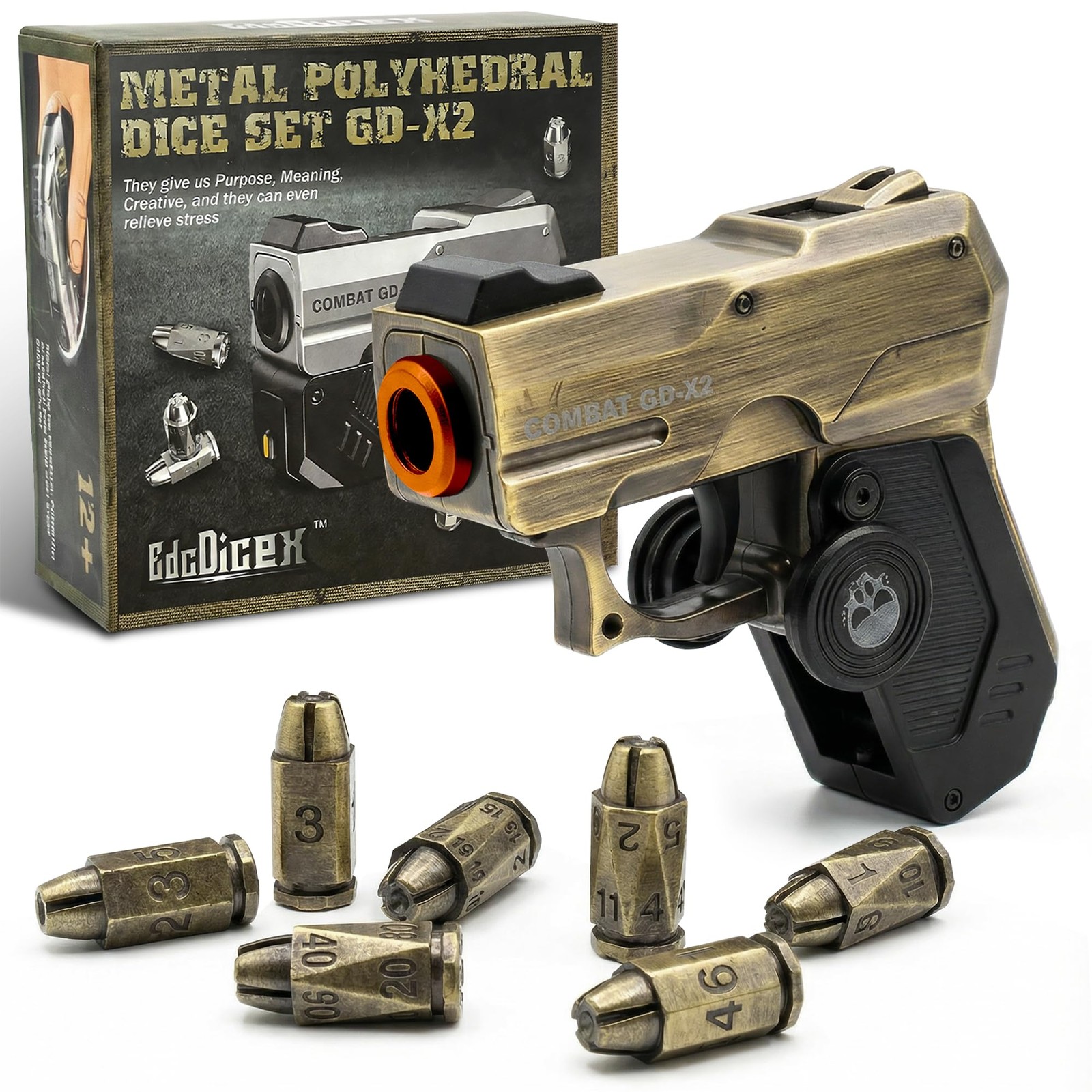 7 Piece Metal Polyhedral Bullet Dice Set with Shooting & Fidget Modes, Pistol...