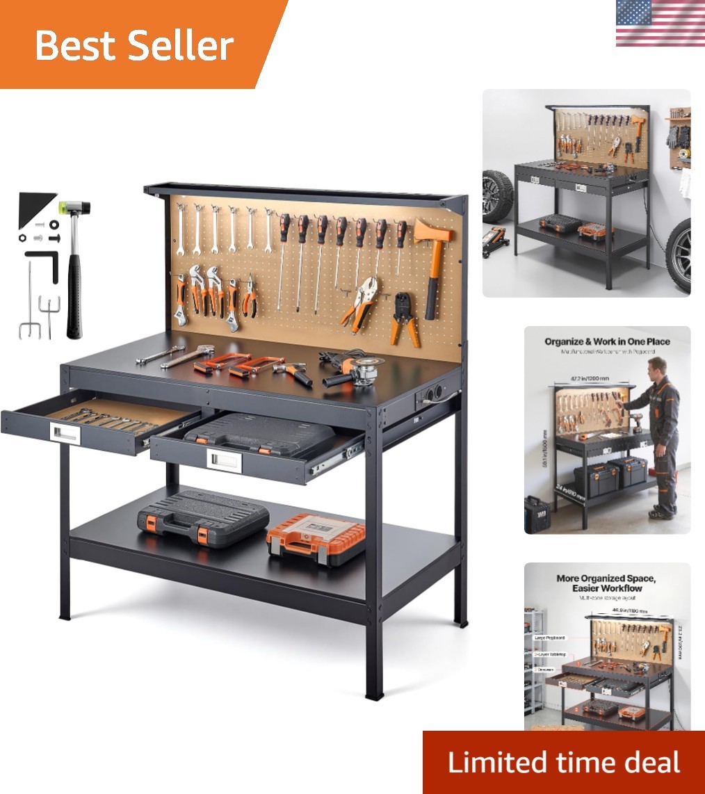 Robust 47.2-Inch Workbench with Drawers, AC Outlets & USB for Enhanced Workspace