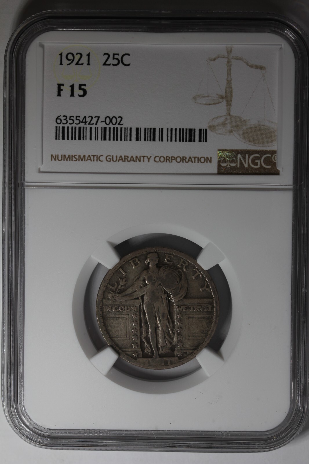 1921  .25 NGC F15 Standing Liberty Quarter, Liberty 25 Cents