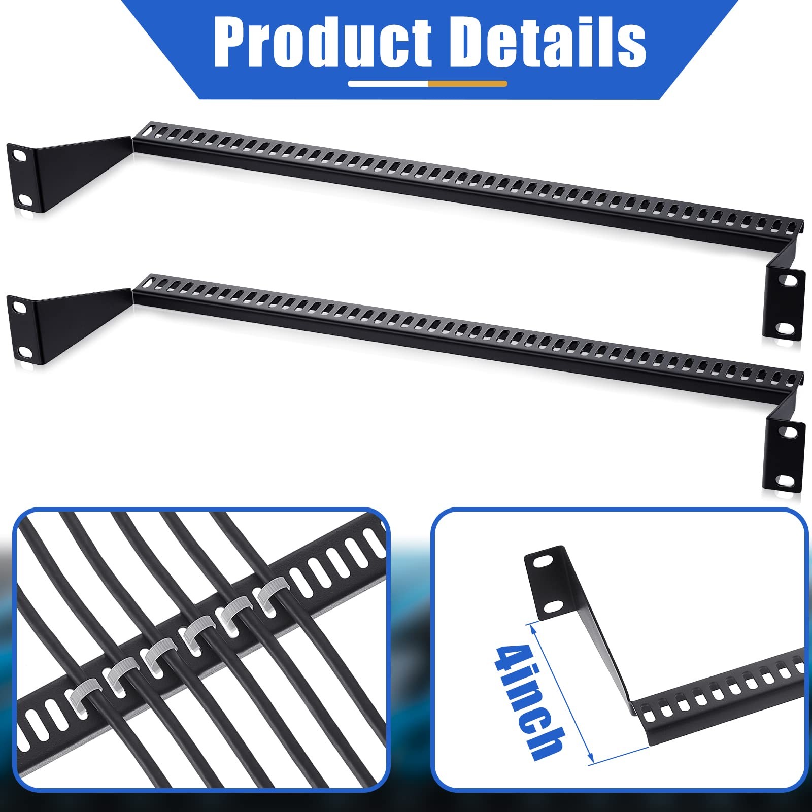 2 Pcs 1U Horizontal 19 Inch Rack Mount Cable Management Support Bar Bracket C...