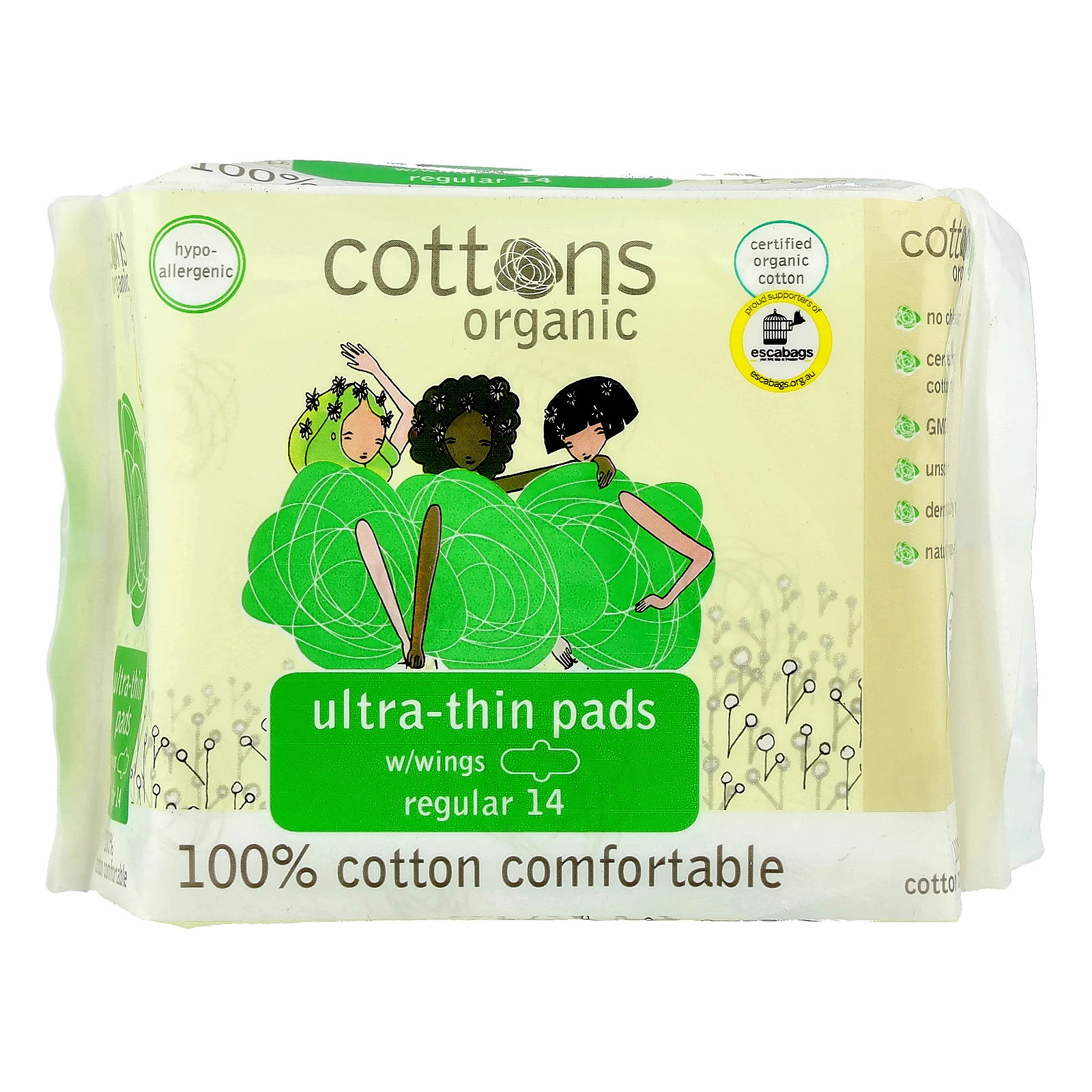 100% Cotton Comfortable, Ultra-Thin Pads with Wings, Regular, 14 Pads