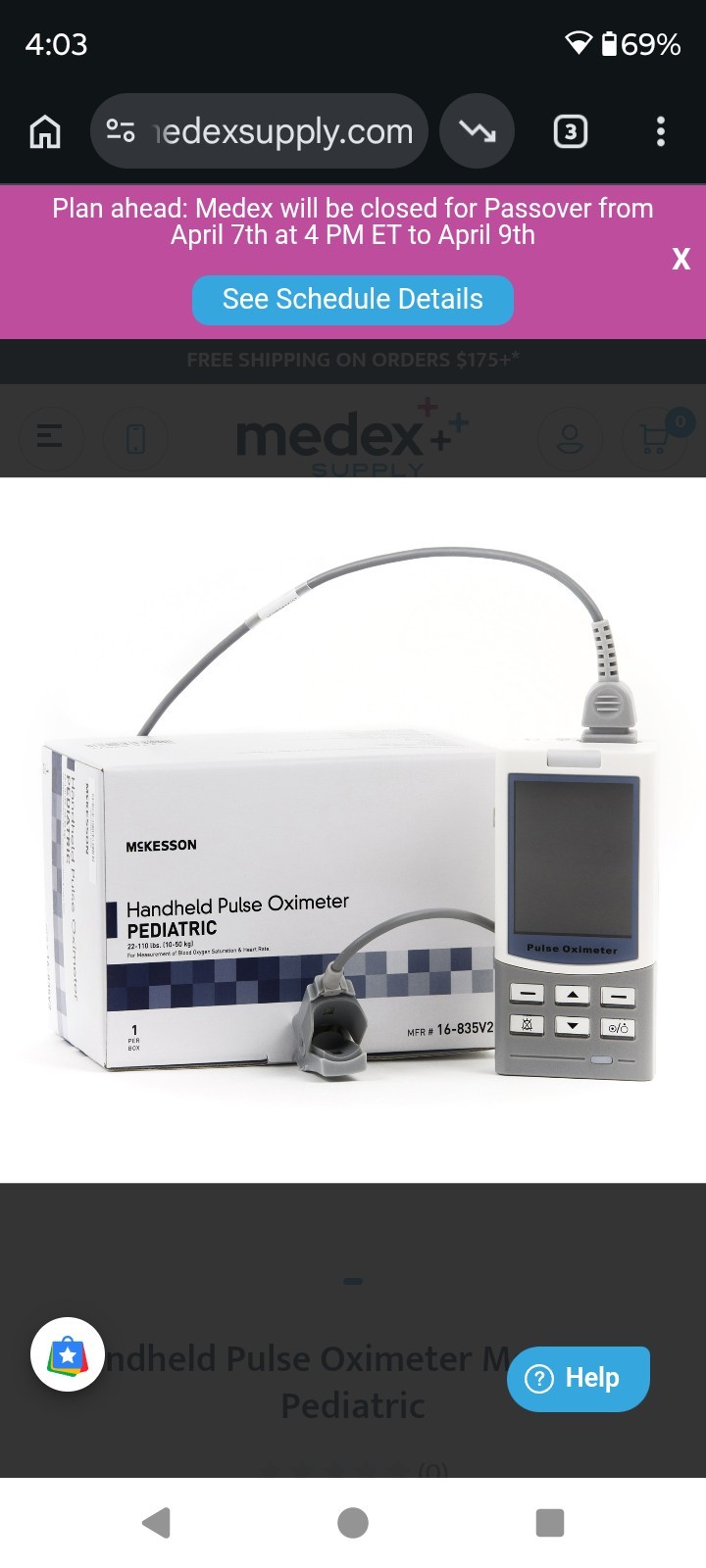 McKesson 16-835V2 Handheld Pediatric Pulse Oximeter w/ Pediatric Finger Probe