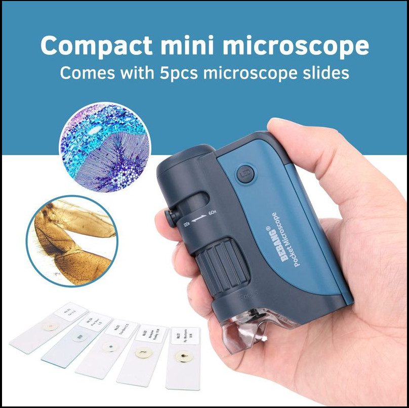 Pocket Microscope, 60x-120x Handheld Mini Kids with LED Lights, 5 Slides