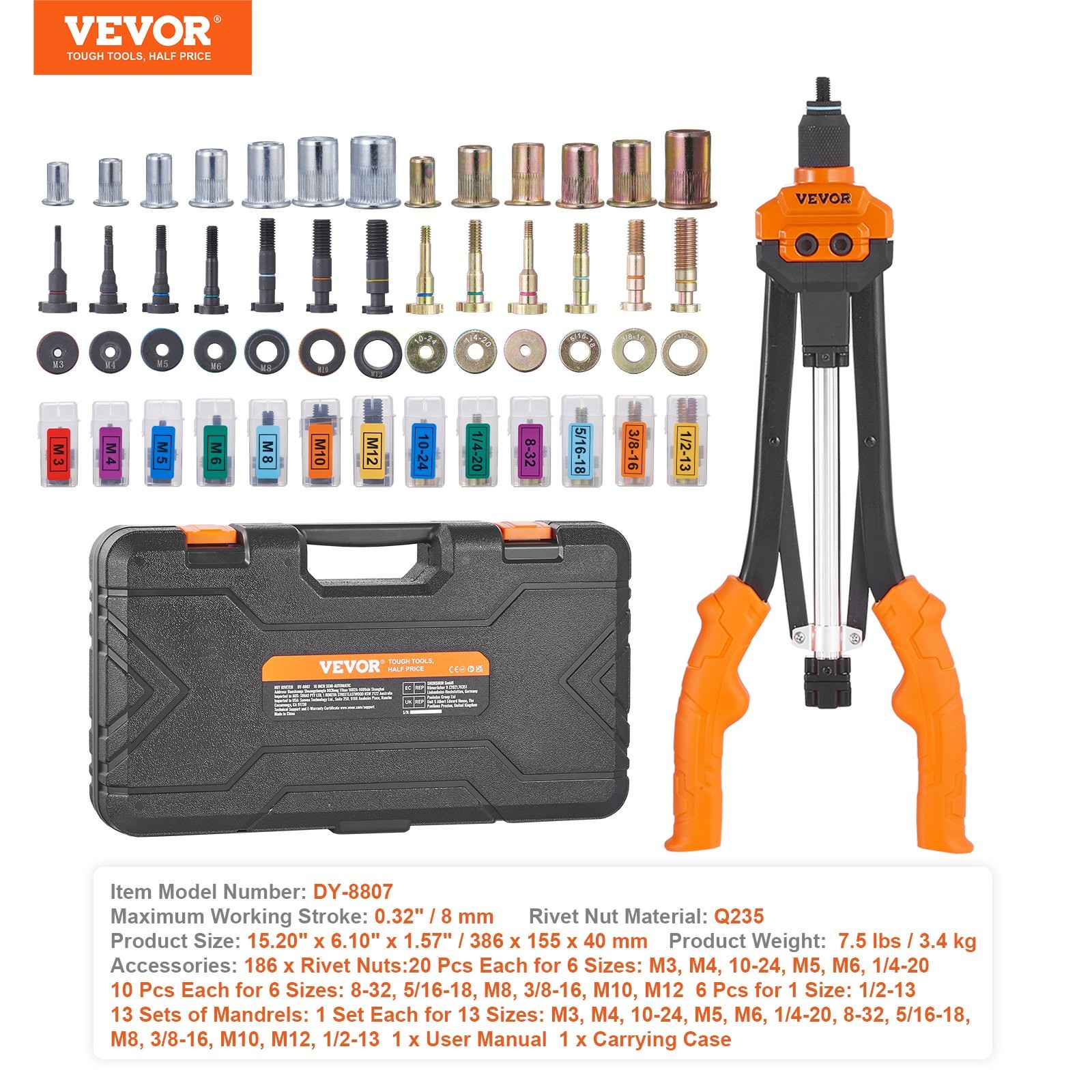 Rivet Nut Tool, 16 Inch Rivnut Tool Kit With 13PCS Metric And SAE Mandrels