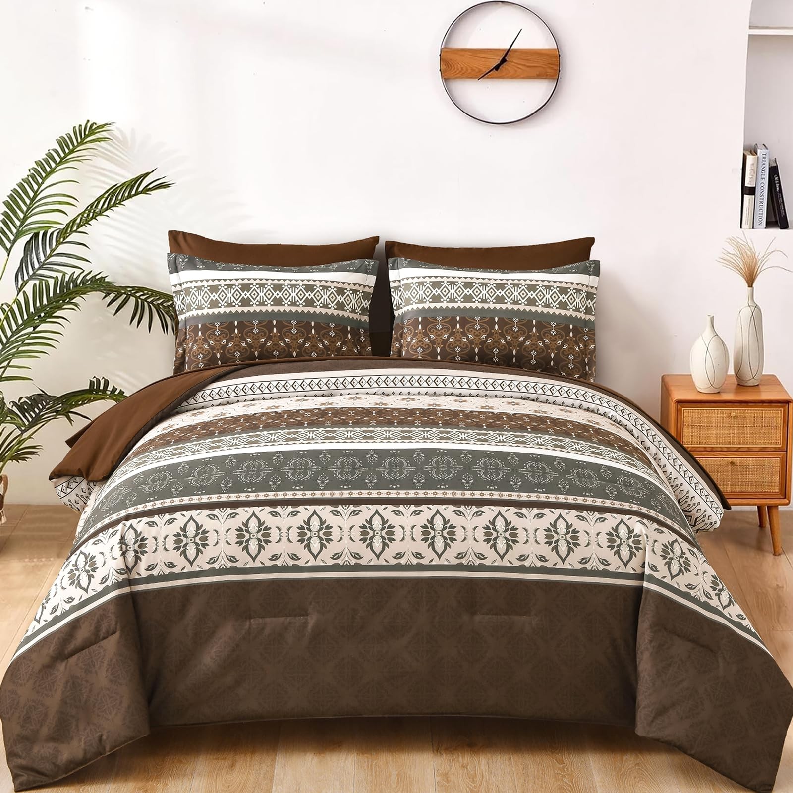 WONGS BEDDING Boho Comforter Set King, 7 Pieces Brown Comforter and Sheet Set,Bo