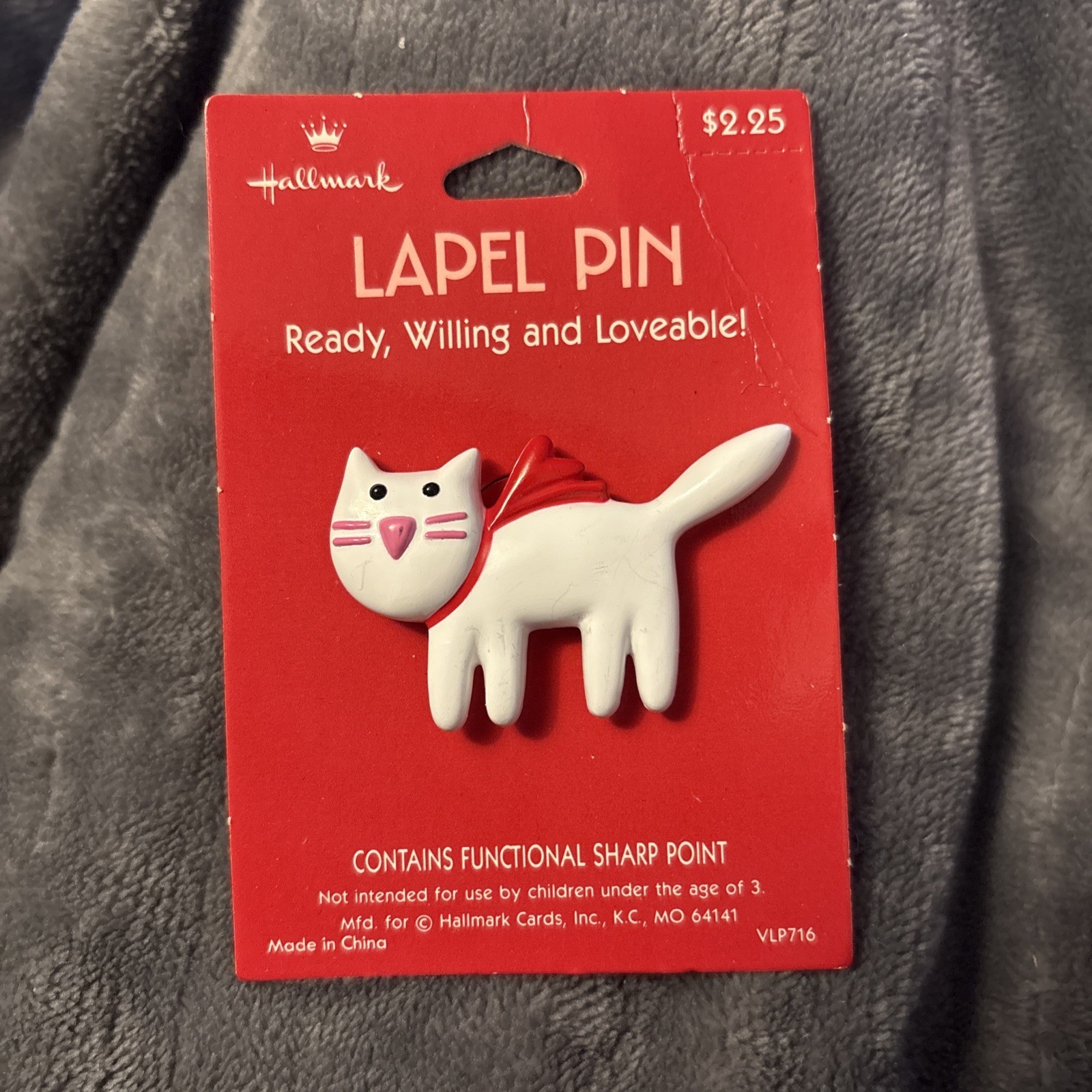 Vintage Hallmark Lapel Pin "Ready, Willing And Loveable" Valentine's White Cat