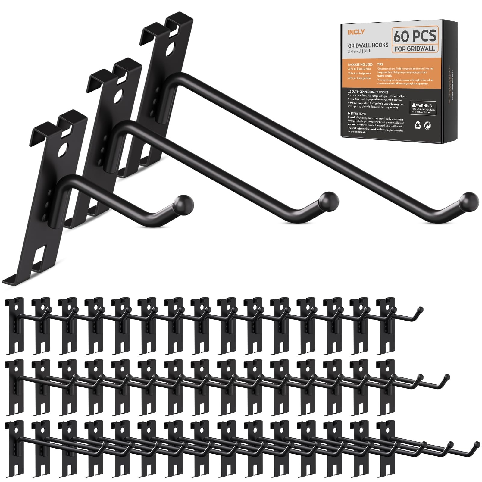 2/4/6 Inch Gridwall Hooks, 60 Pack Heavy Duty Black Display Hooks for Grid Wa...