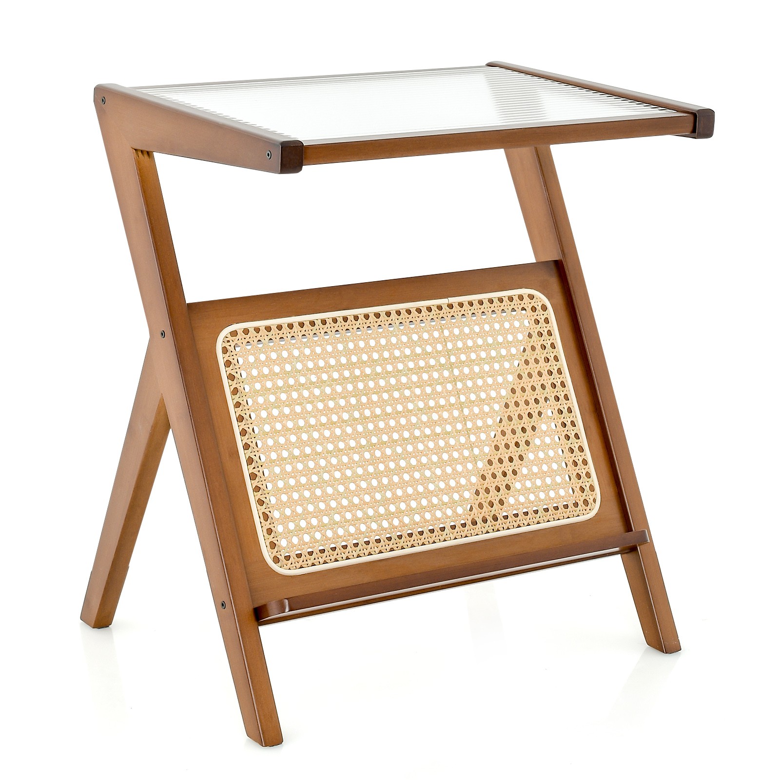 Bamboo Accent Bedside Table Rattan Side Table w/Tempered Glass Top Walnut