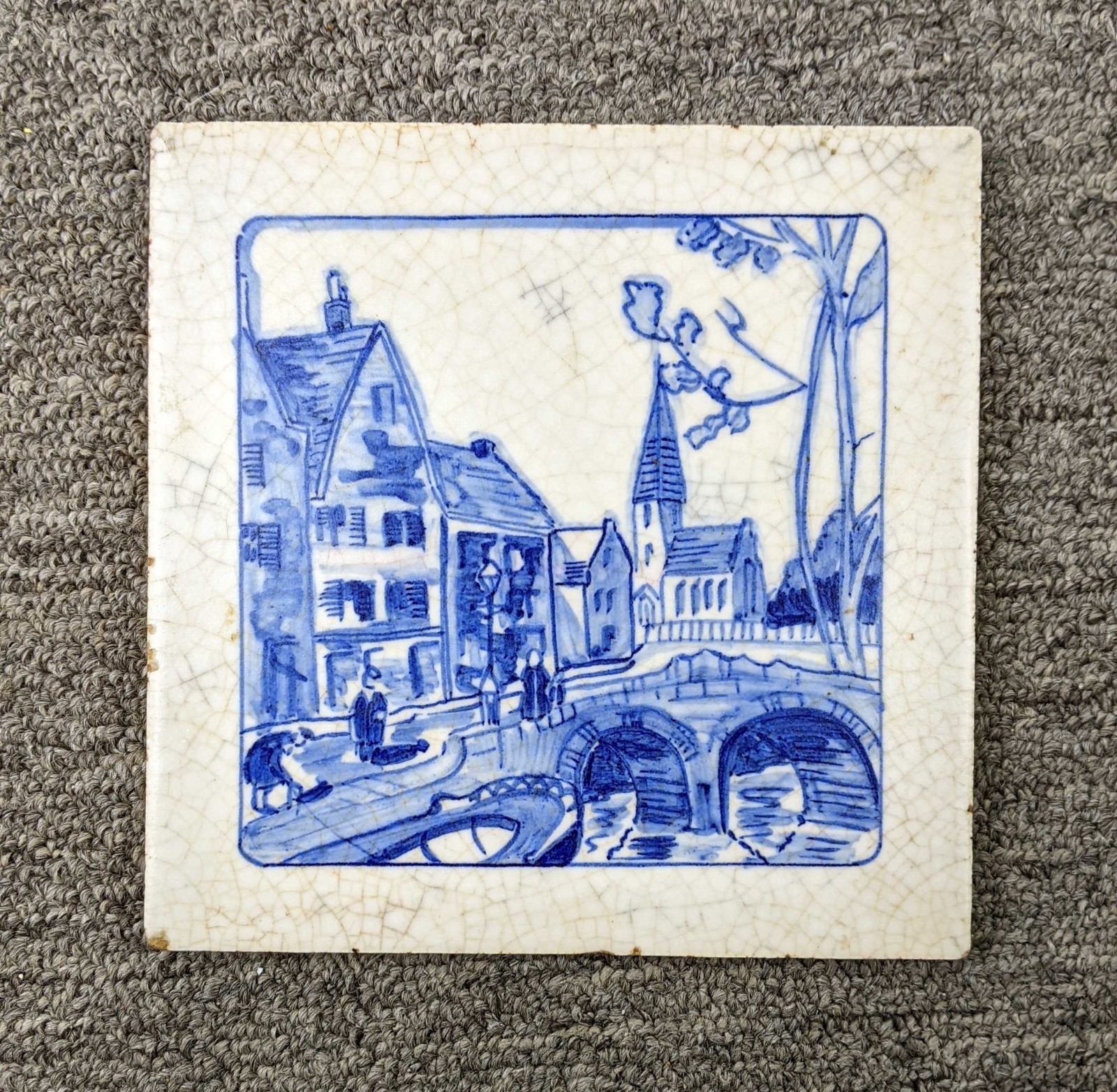 Rare Antique Blue and White Painted Ceramic Tile Carter England