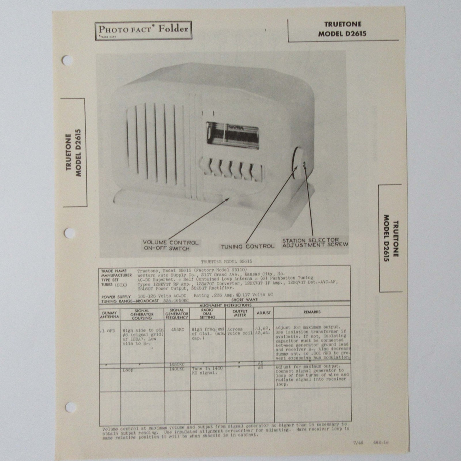 Truetone Model D 2615 Table Top AM Radio - SAMS Photofact ™ 1946 - New