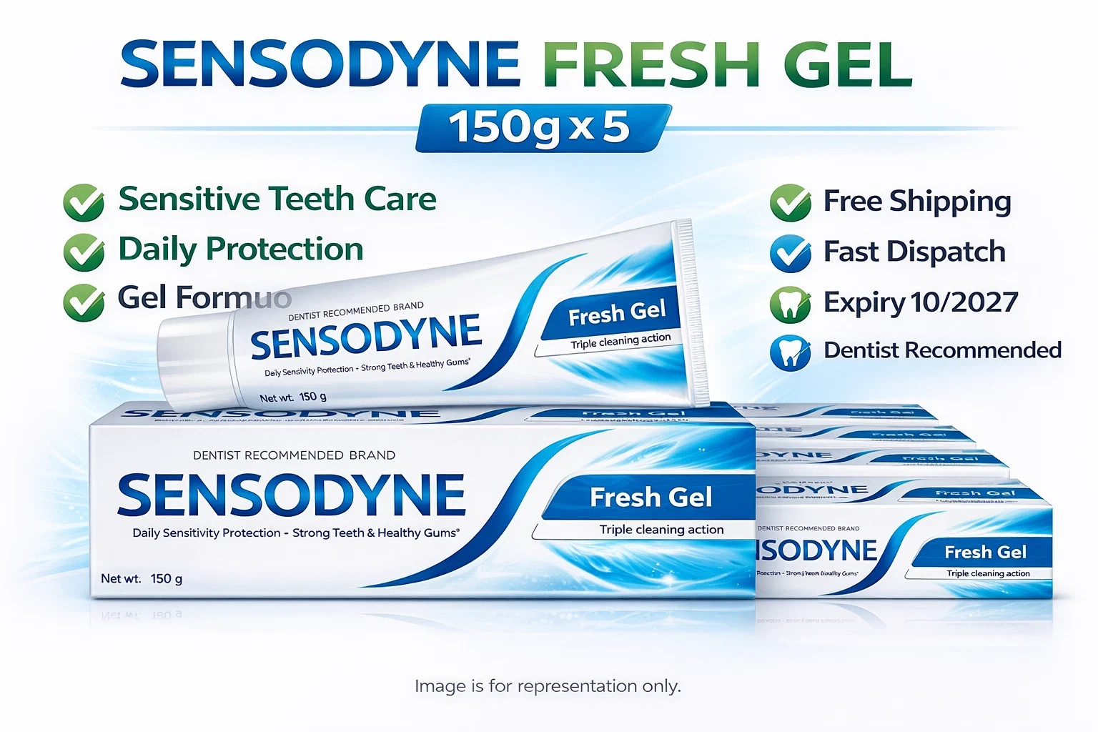 5x Sensodyne Fresh Gel Toothpaste 150g + FREE Toothbrush Sensitive Teeth