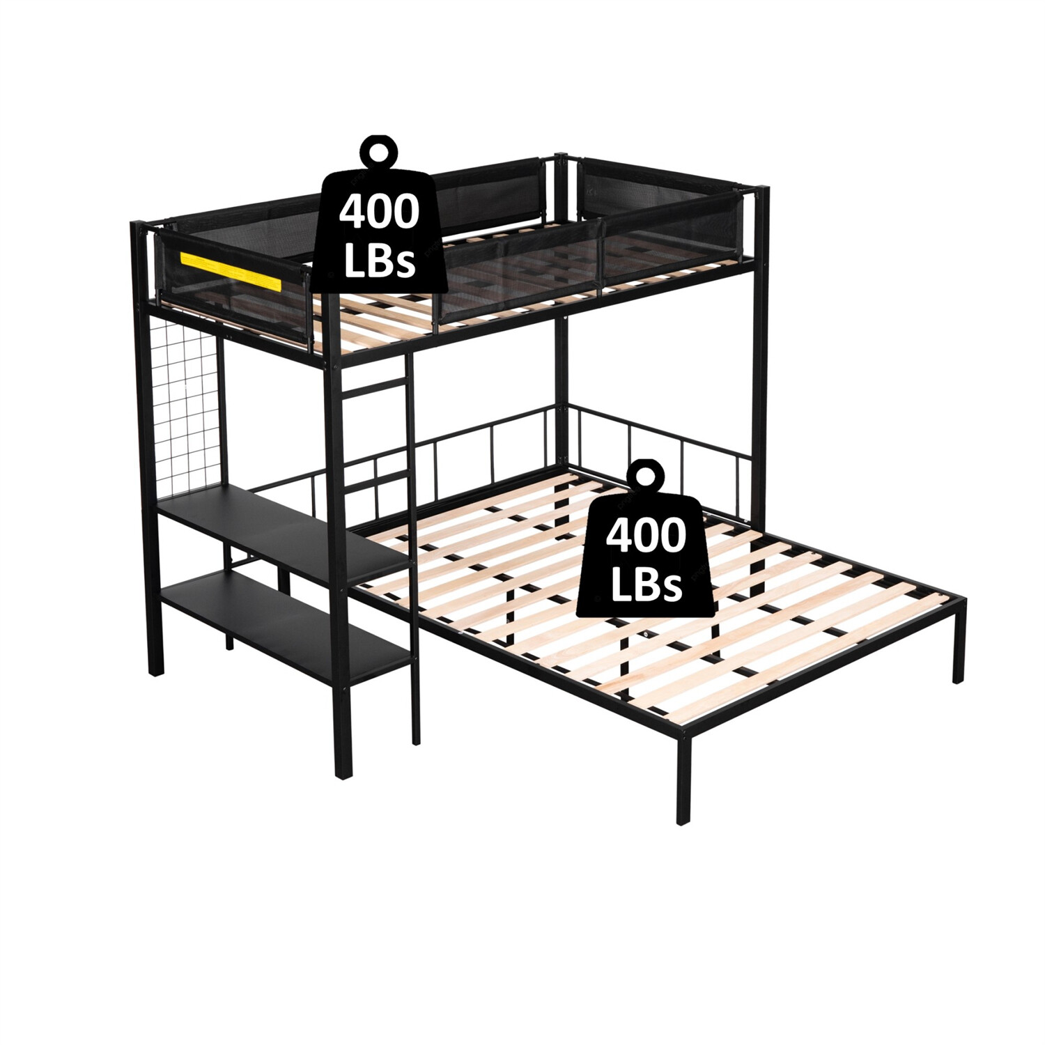 Twin Over Full Bunk Bed Metal Bed Frame with Storage Shelves Black US