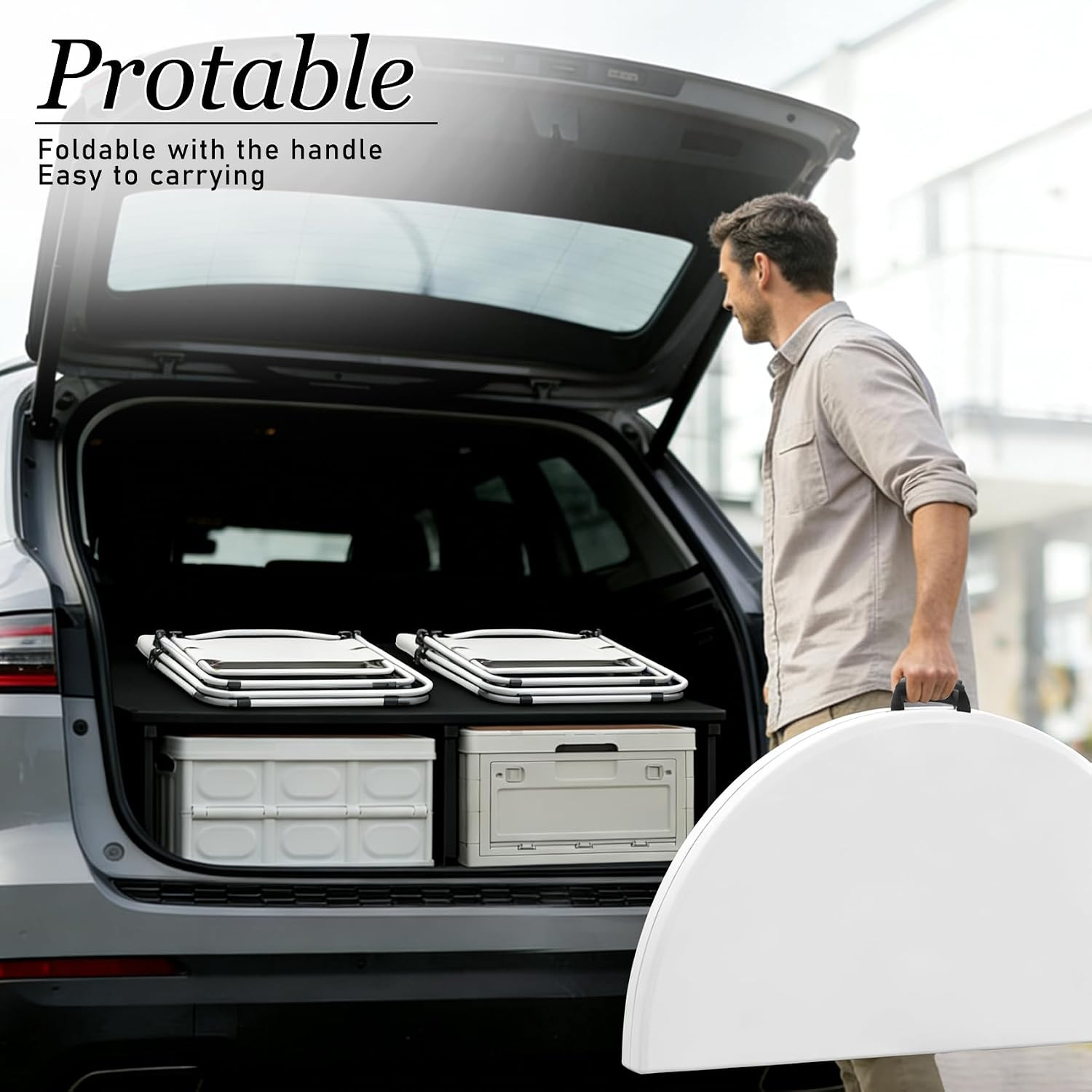 6FT round Folding Table White Fold-In-Half with Carrying Handle Portable Plastic