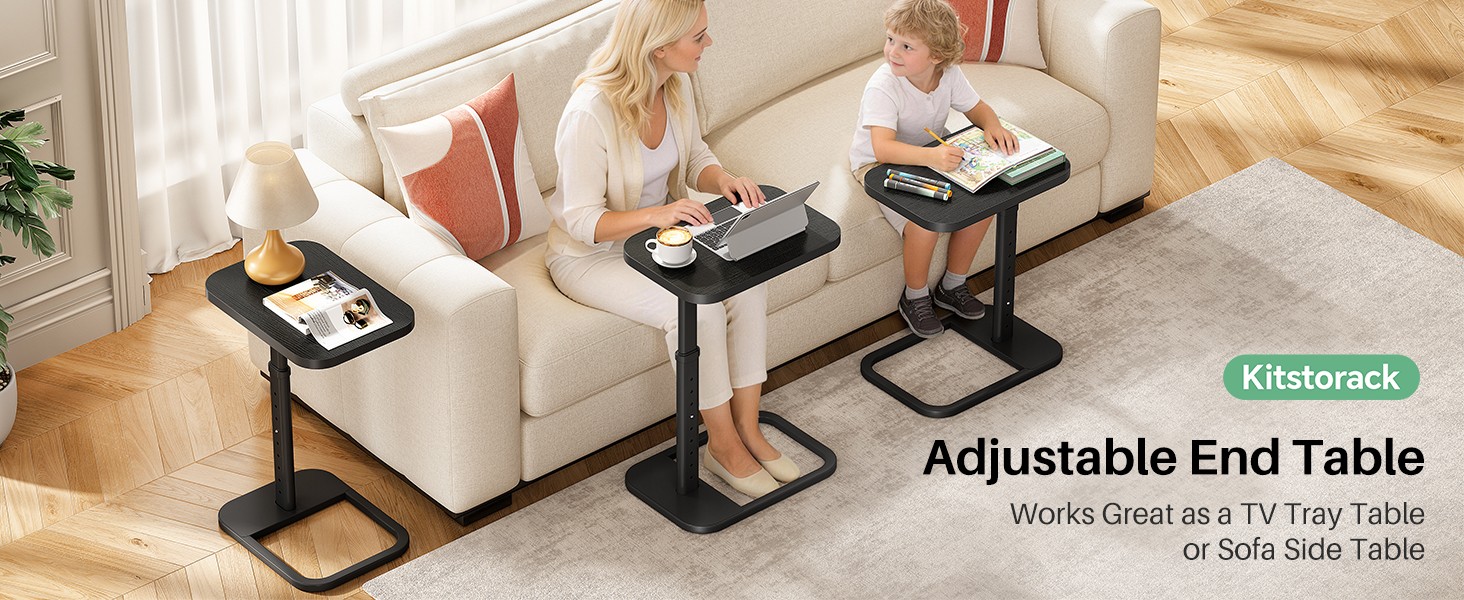 Kitstora Adjustable Height C-Shaped End Table, 9-Level Side Table with