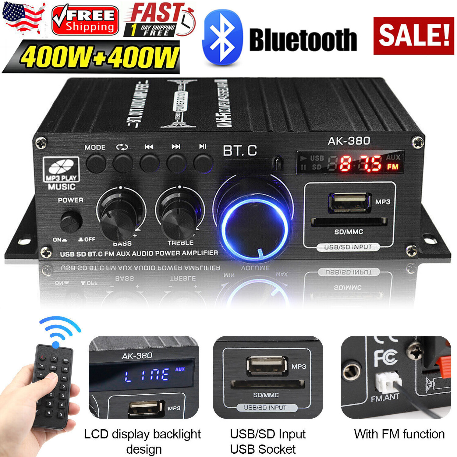 2 Channel bluetooth Mini HIFI Power Amplifier Audio Stereo Amp Home Car FM