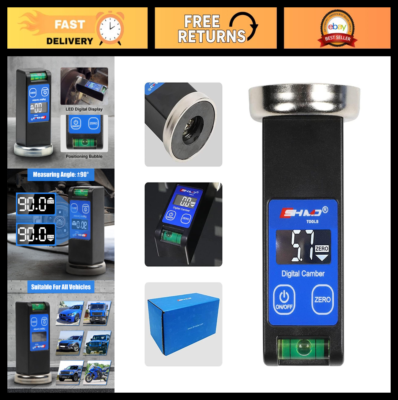 Digital Magnetic Camber Gauge Wheel Alignment Tool -90° to +90° Precision, LCD D