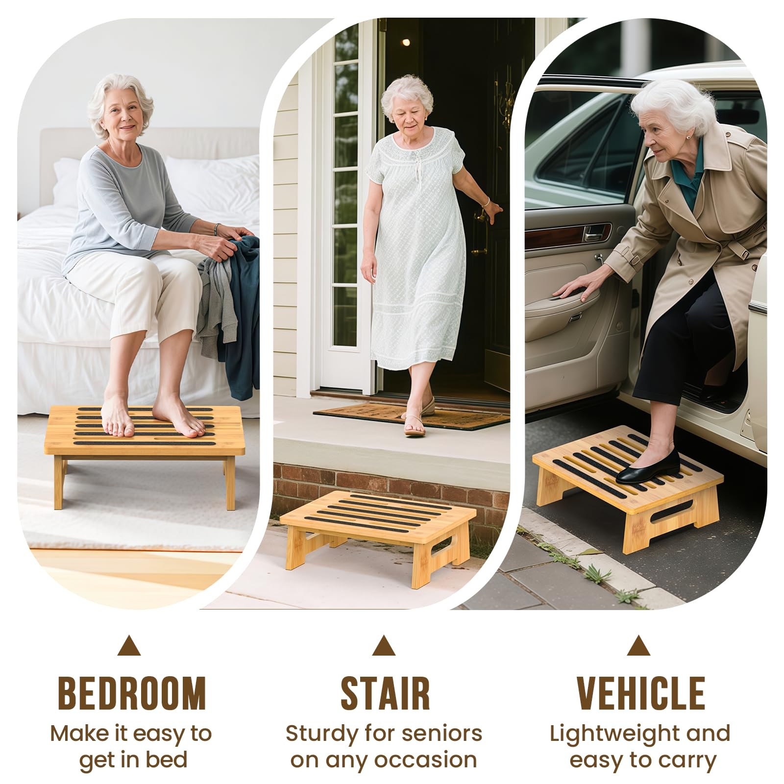 Natural Bamboo Step Stool for Adults Seniors Kids Non-Slip Waterproof Support 45