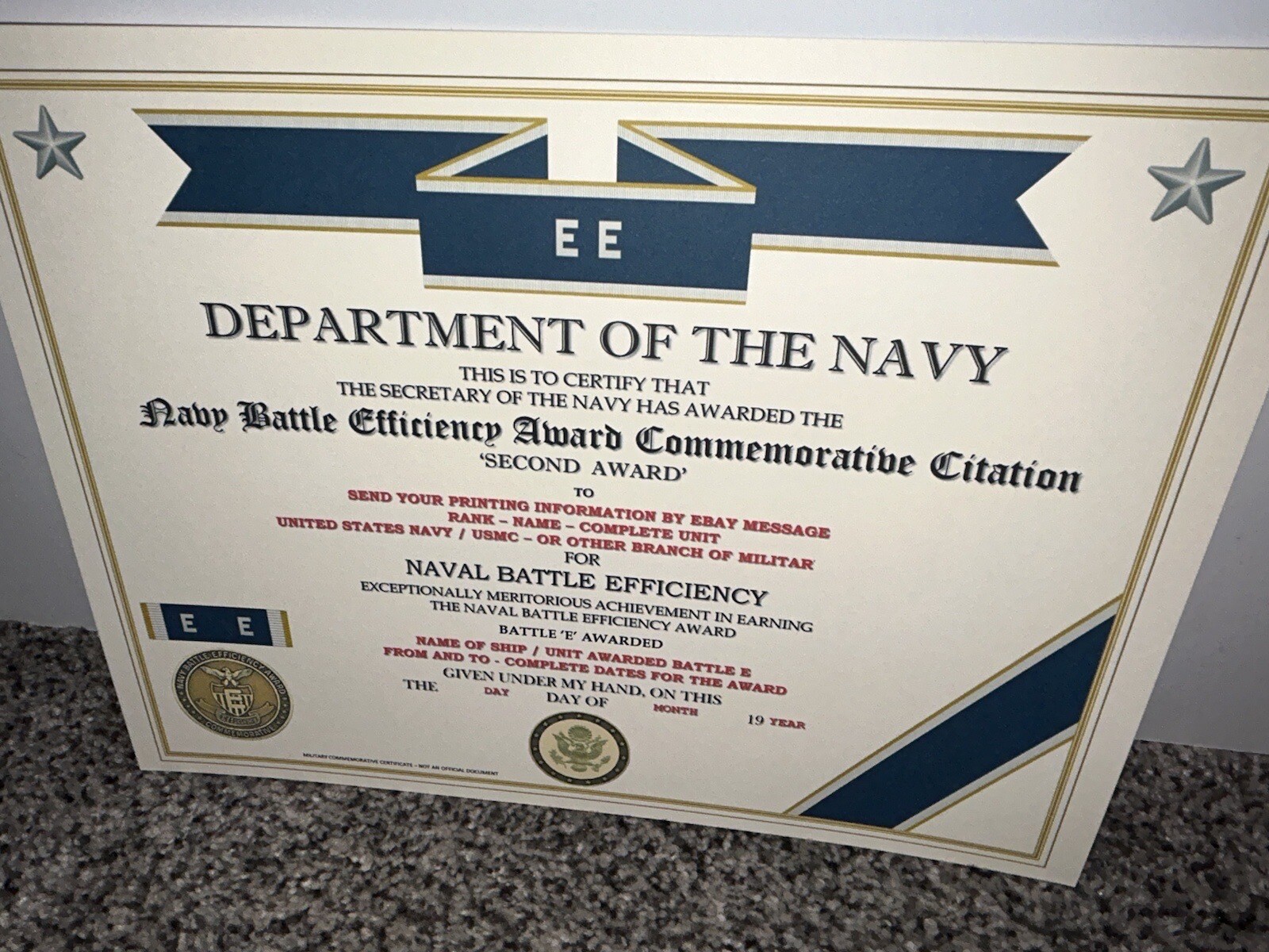 NAVY BATTLE E CITATION~2ND AWARD COMMEMORATIVE CERTIFICATE ~ TYPE-2 / W/PRINTING