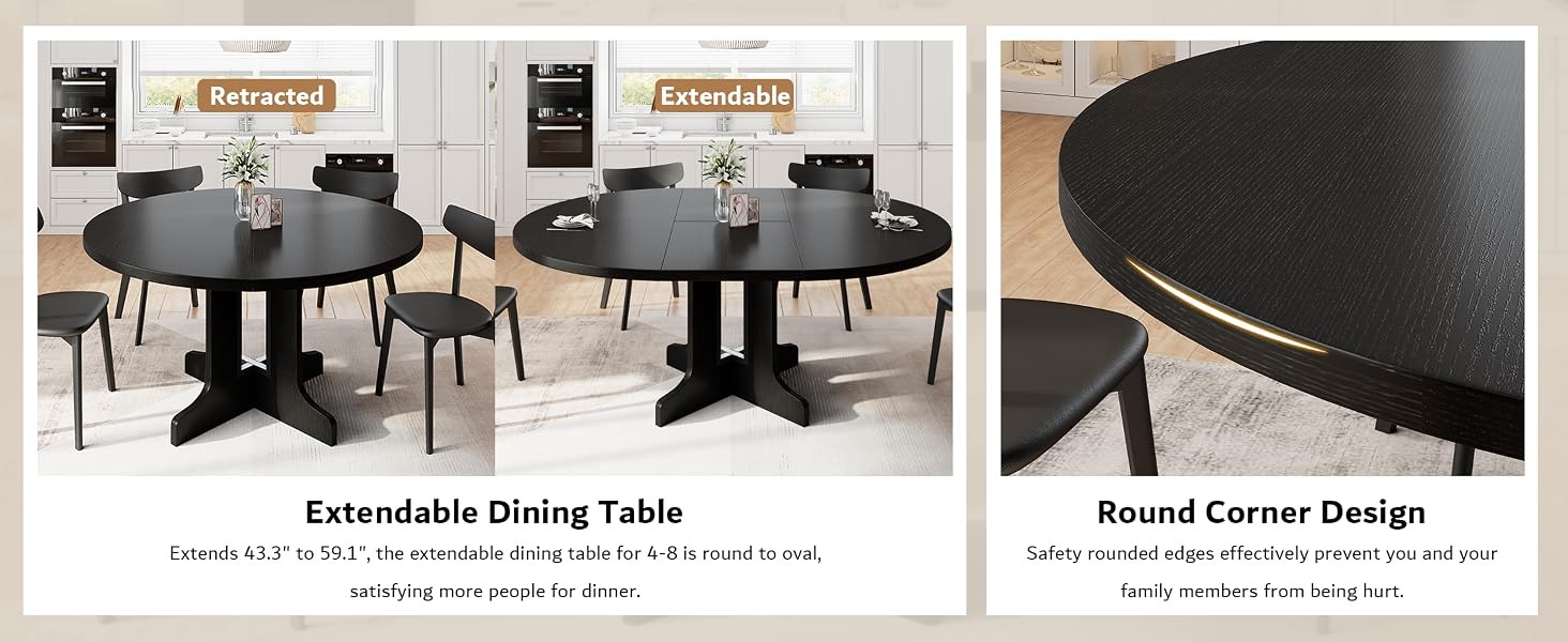 59" Extendable Round Dining Table for 4-6, Modern Kitchen Table with Heavy Duty