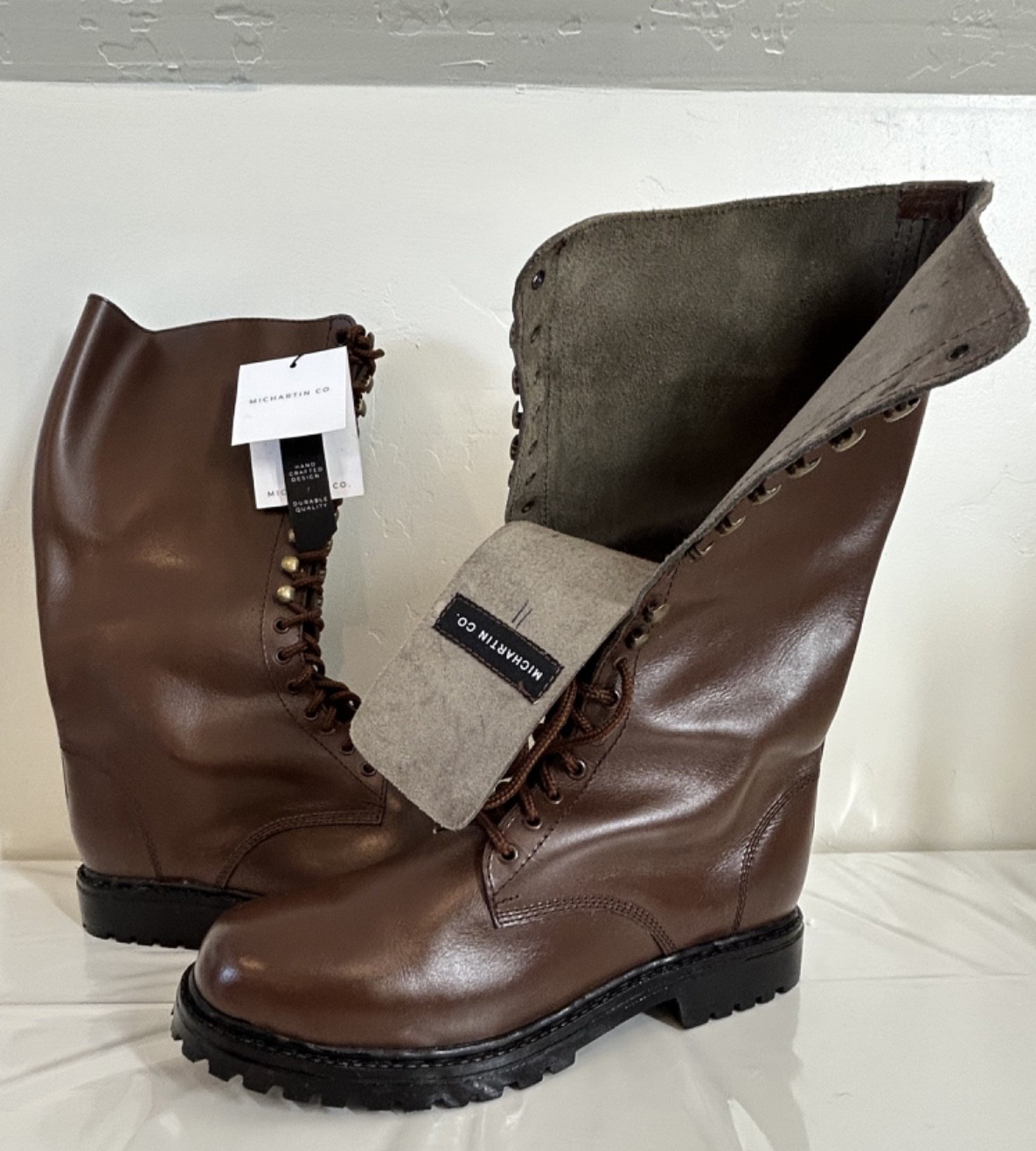 NEW WW2 German Michartin FLIGHT BOOTS Brown Leather Rubber Soles 9.5 Reenactment
