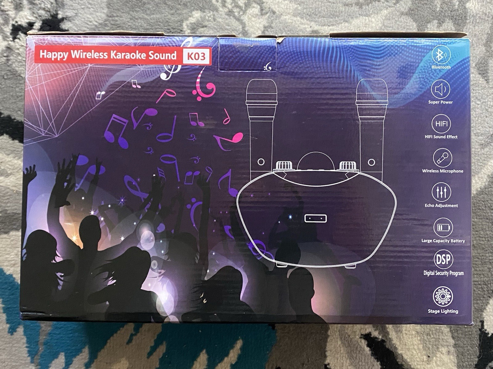 K03 Karaoke Machine: Two Wireless Microphones, Stage Lighting, Bluetooth - New
