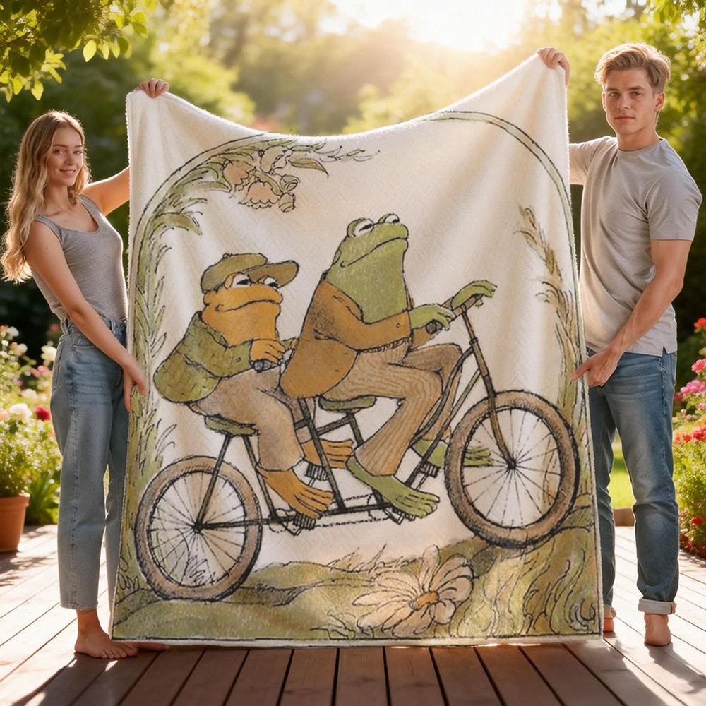 Frog Toad Tandem Bike Flannel Blanket Cozy Throw for Living Room Decor Best Fri