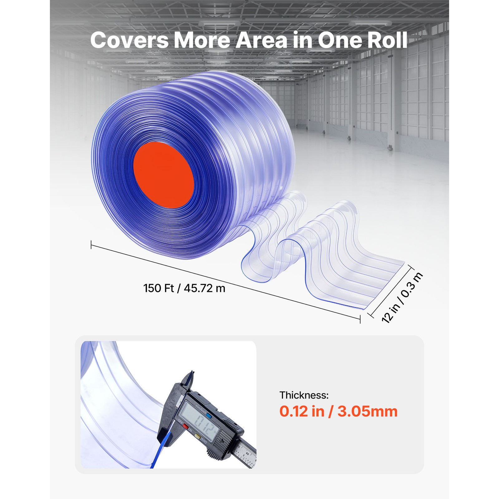 Uimoso PVC Strip Curtain Roll 150 ft x 12 in Ribbed Plastic Door Strips