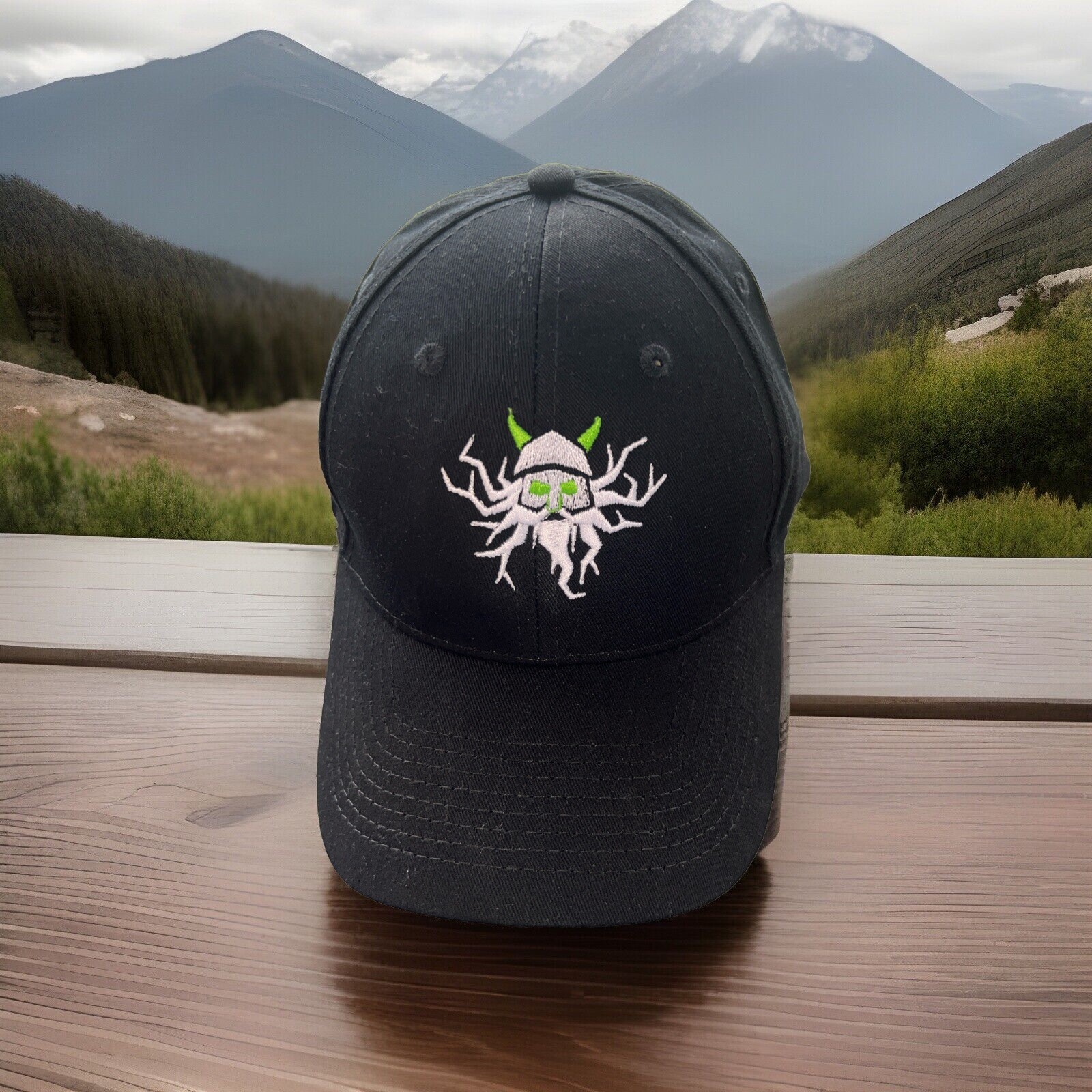 Viking Head in White Lime Green on Black Hat Cap Hook Loop VGC
