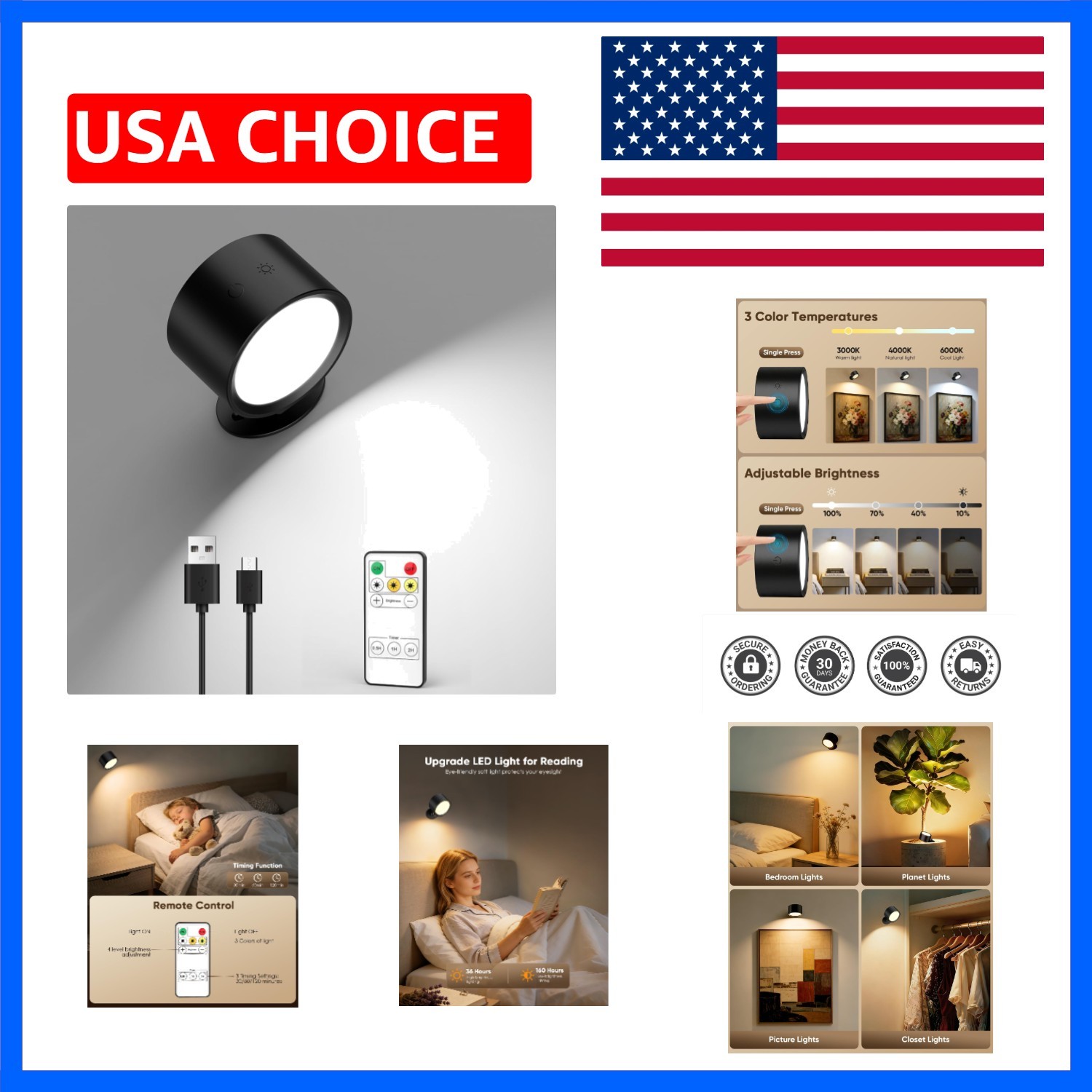 LED Wall Mounted Lights 2 Pcs with Remote, Rechargeable Wall Sconce with 3 Co...