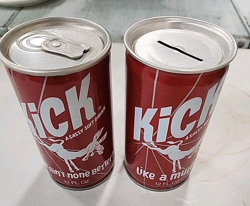 Vintage KICK “LIKE A MULE” 12Oz. Empty Steel Soda Can and Bank        Lot Of  2