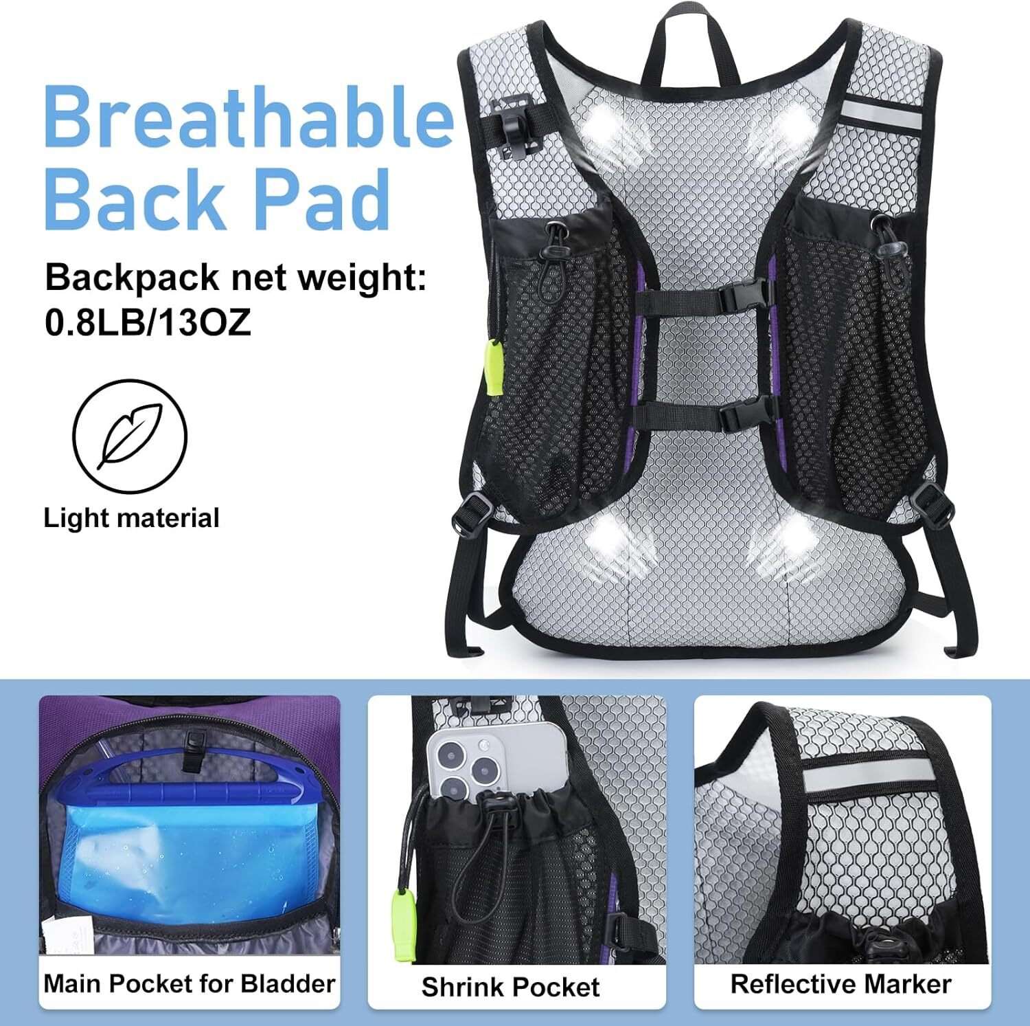Lightweight Hydration Backpack, Running Backpack with 2L Water Purple