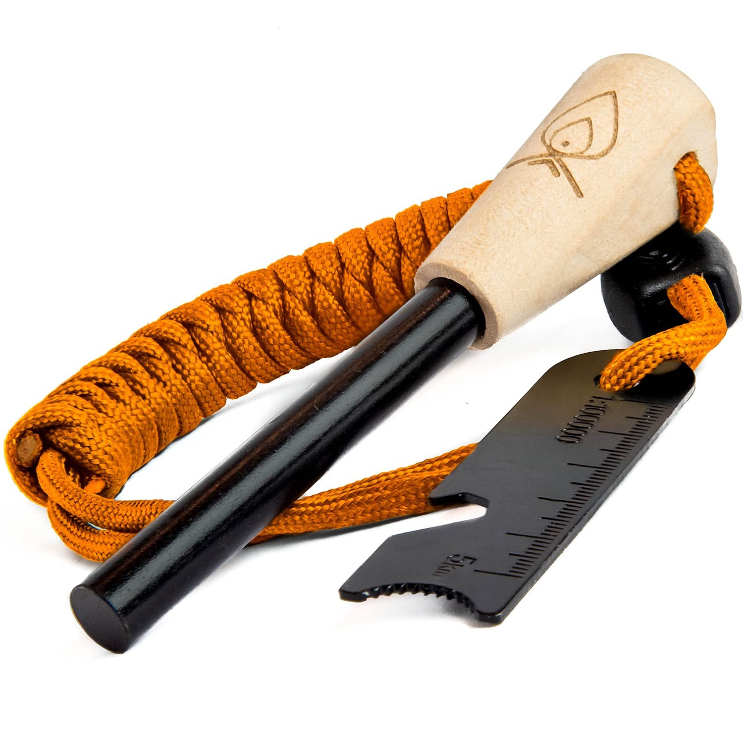 Texas Bushcraft Fire Starter - 3/8 Thick Ferro Rod with Striker and Paracord Wri
