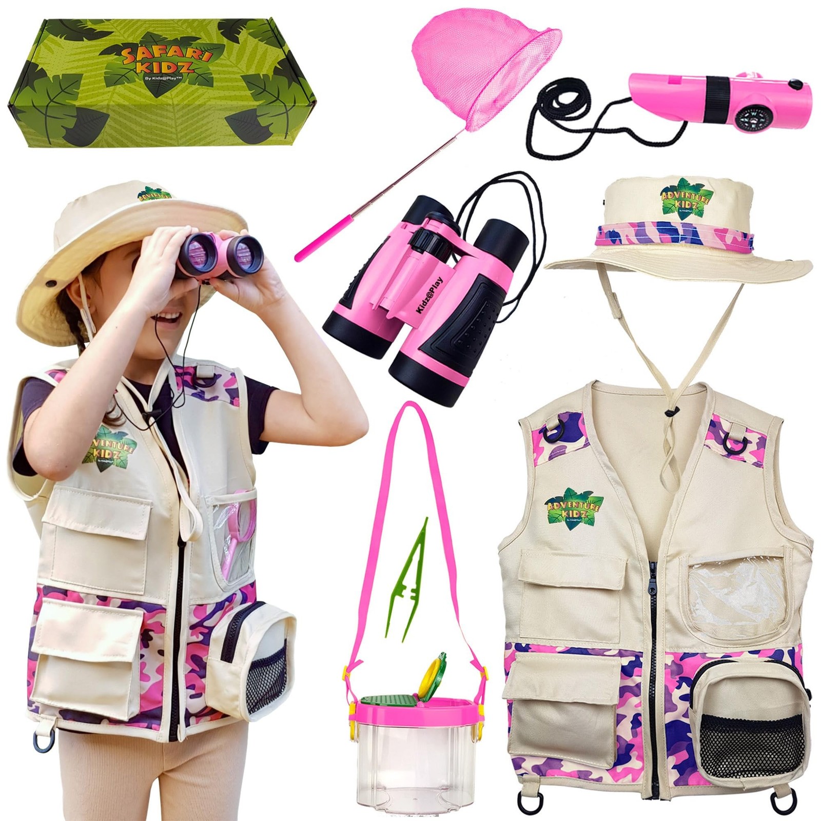 Kidz@Play Complete Pink Safari Bug Hunting Kit | Hat, Binoculars, Large Butte...
