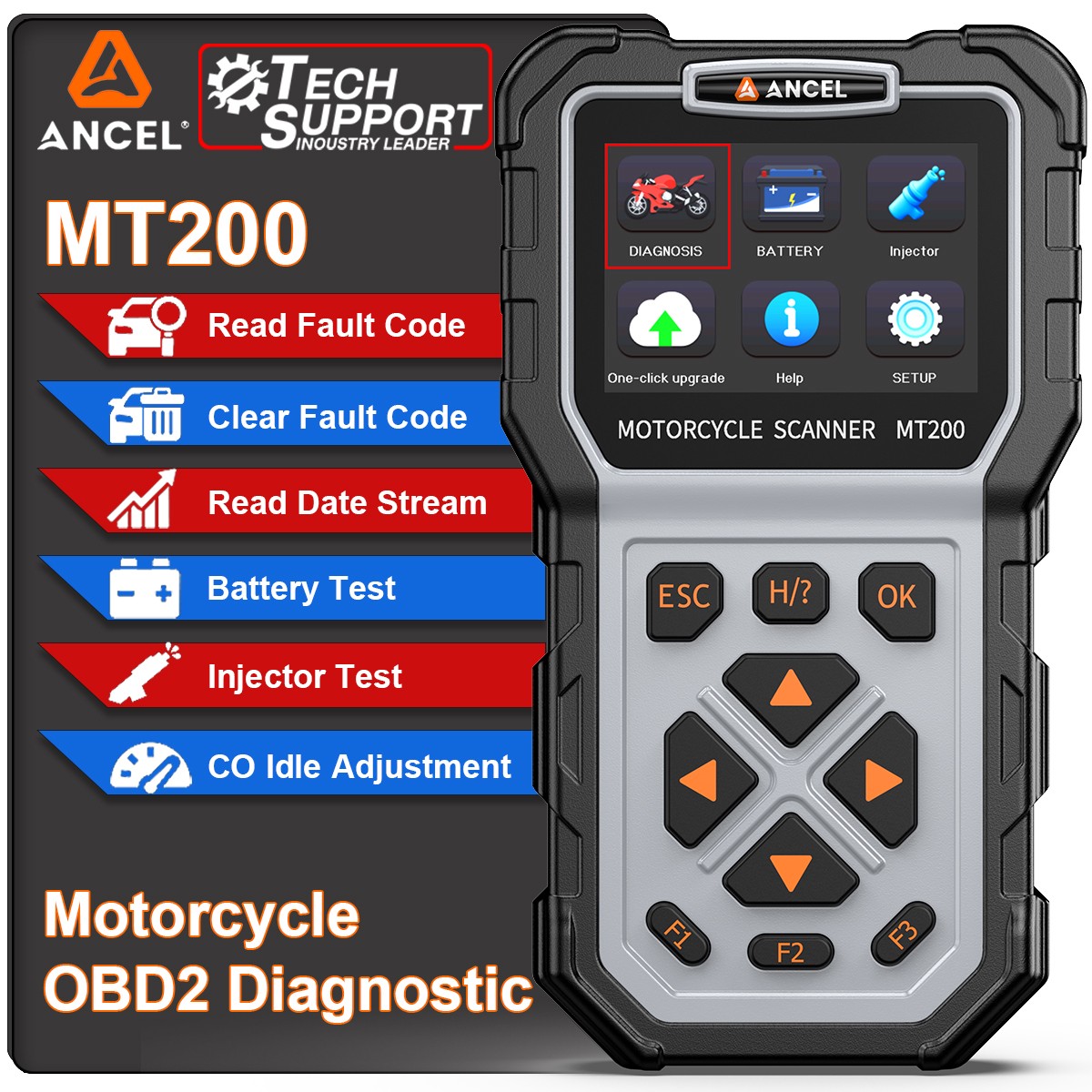 ANCEL MT200 OBD2 Motorcycle Scanner Full System Diagnostic Tool Battery Injector